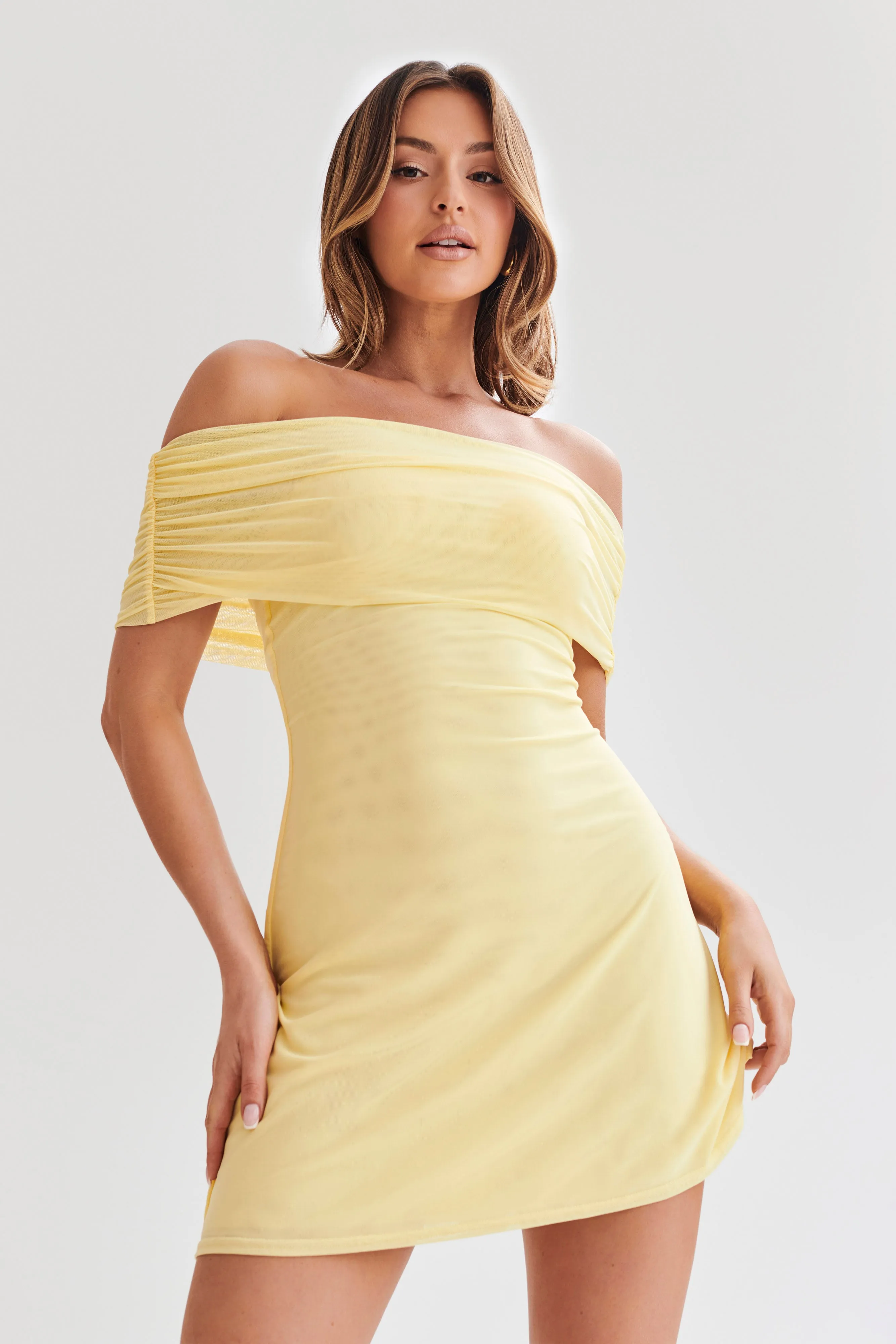 Josie Off Shoulder Mesh Mini Dress - Lemon sold by Meshki