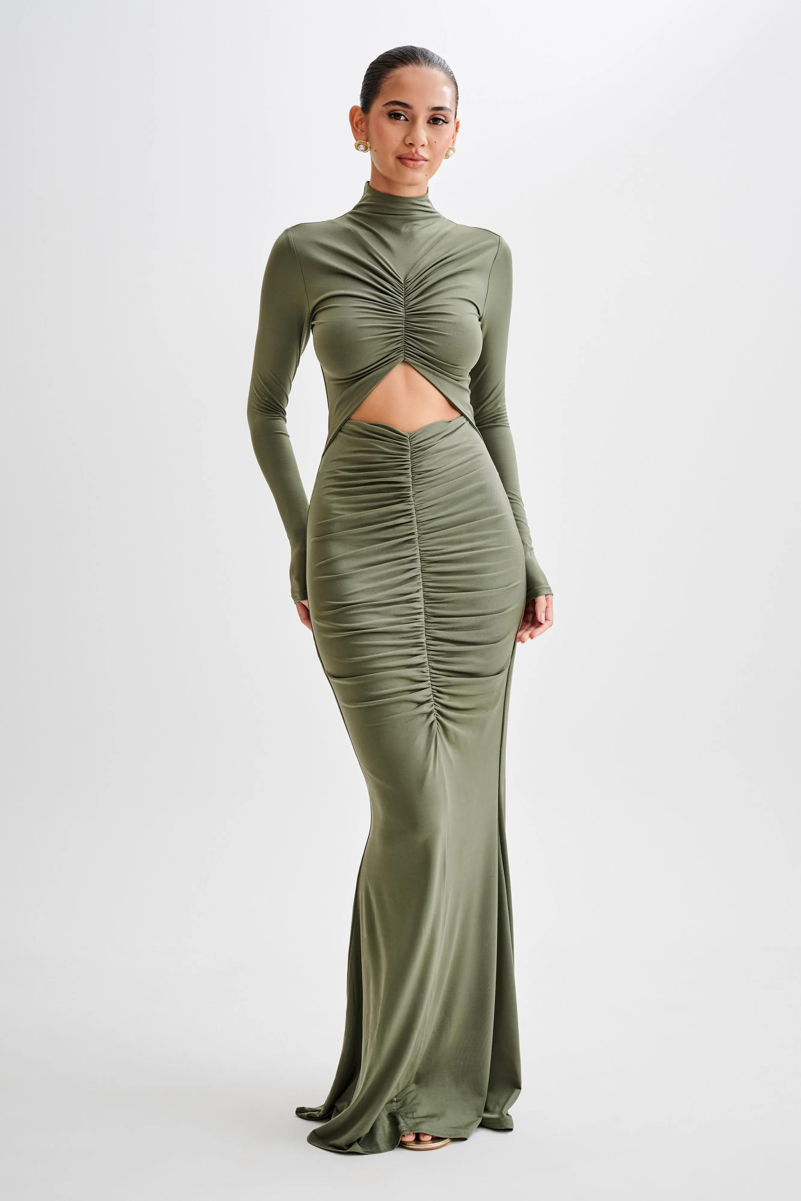 Pia Slinky Long Sleeve Cutout Maxi Dress - Military Olive sold by Meshki product image thumbnail 3