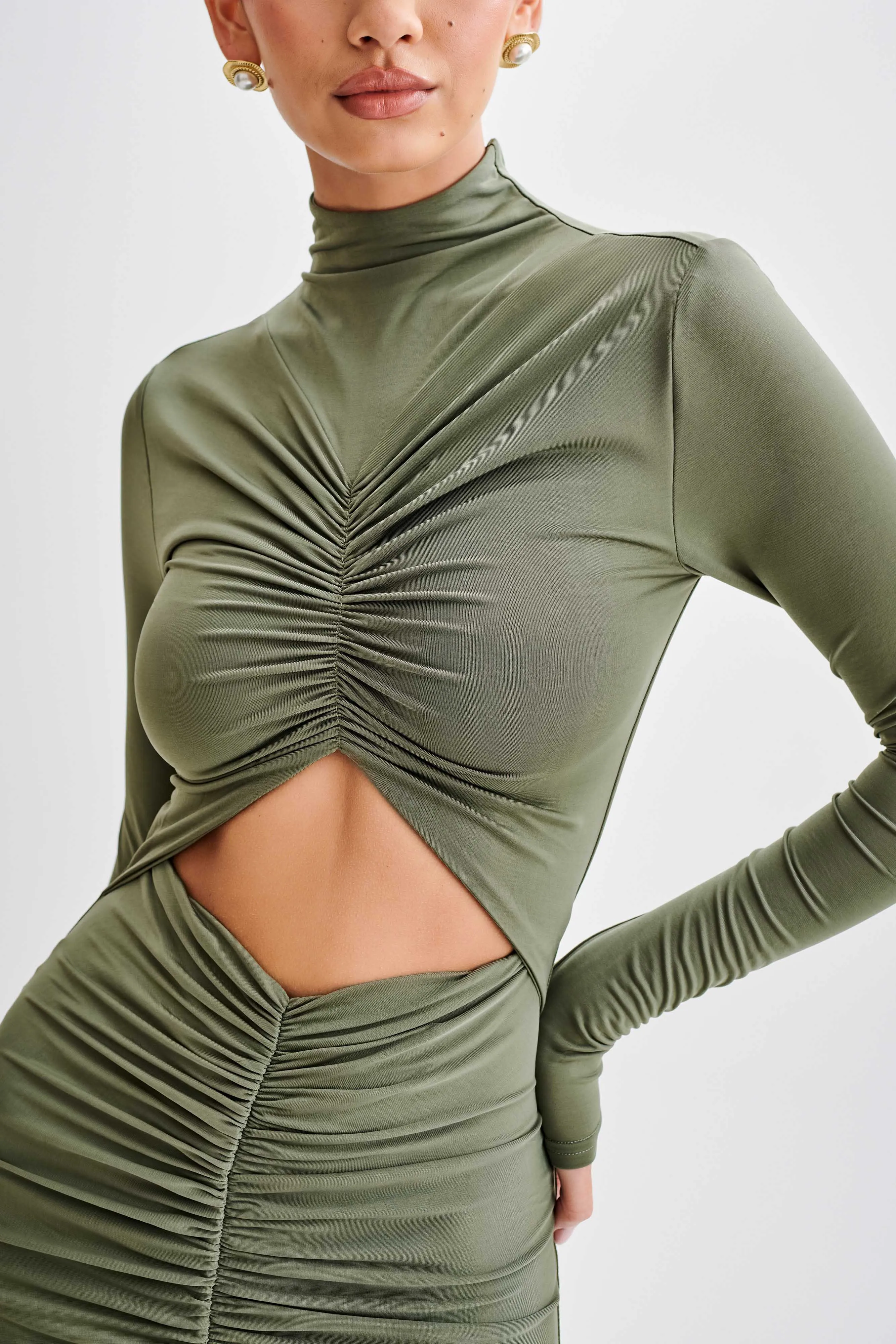 Pia Slinky Long Sleeve Cutout Maxi Dress - Military Olive sold by Meshki product image thumbnail 5