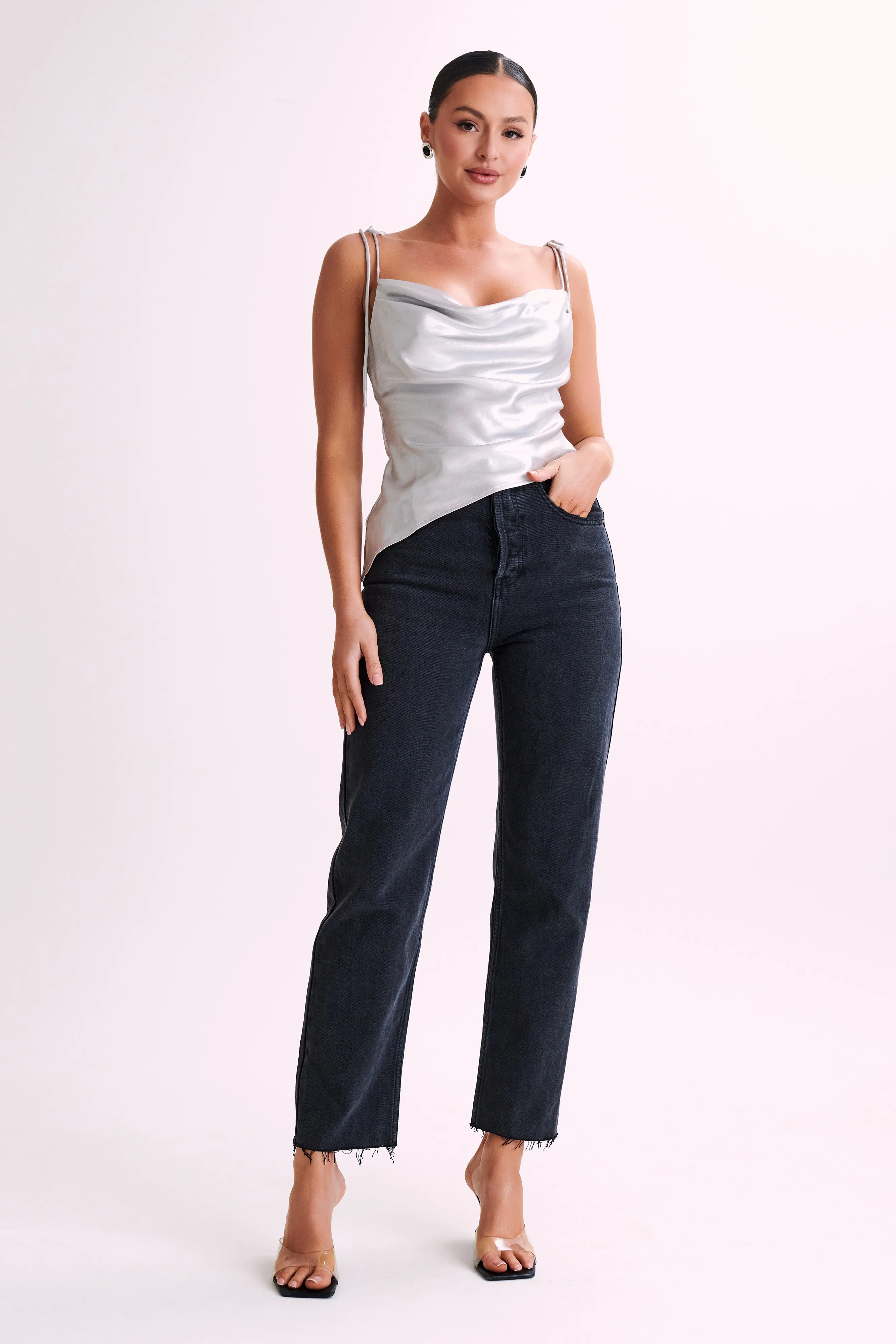 Zavani Asymmetrical Satin Camisole - Silver sold by Meshki product image thumbnail 5