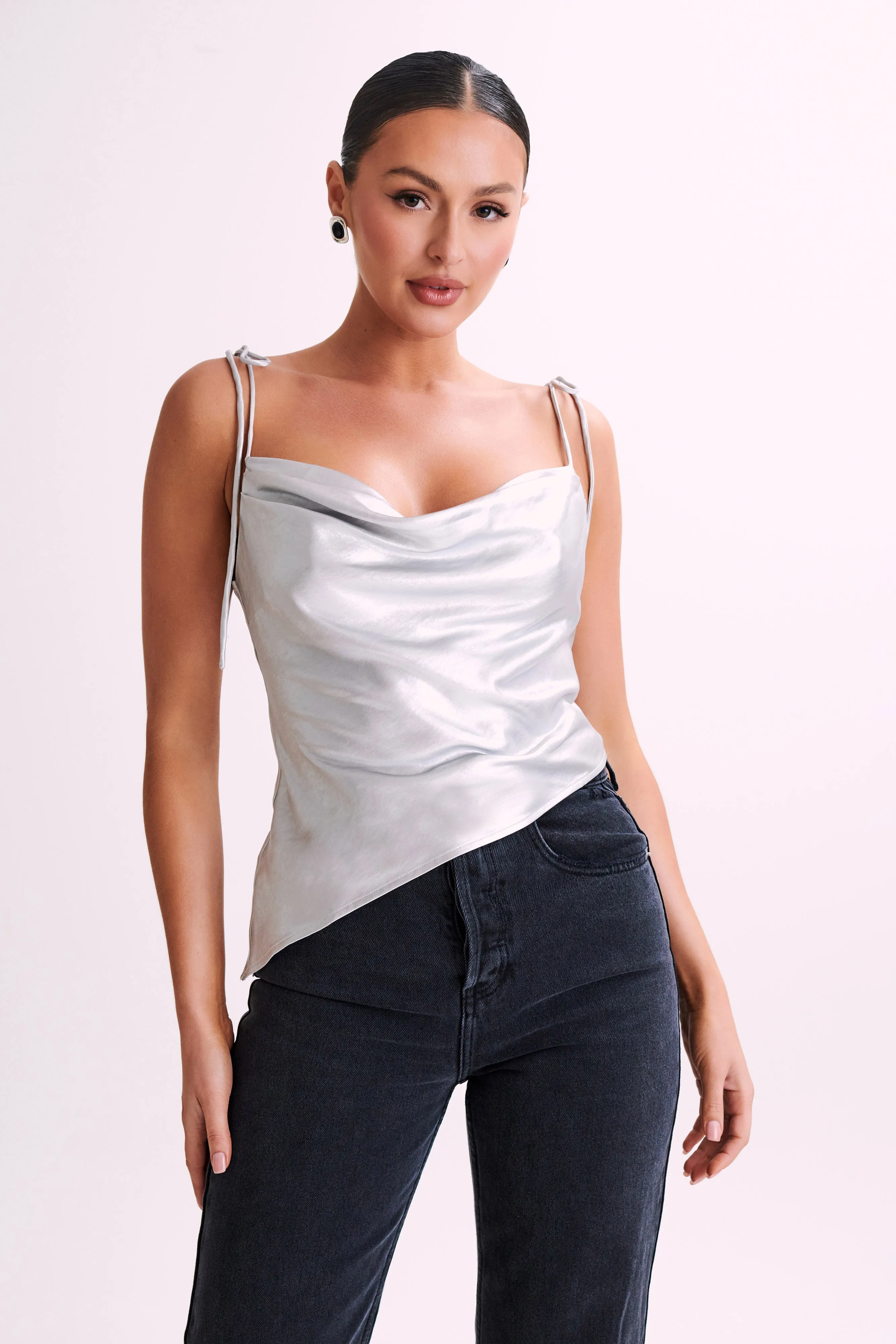 Zavani Asymmetrical Satin Camisole - Silver sold by Meshki