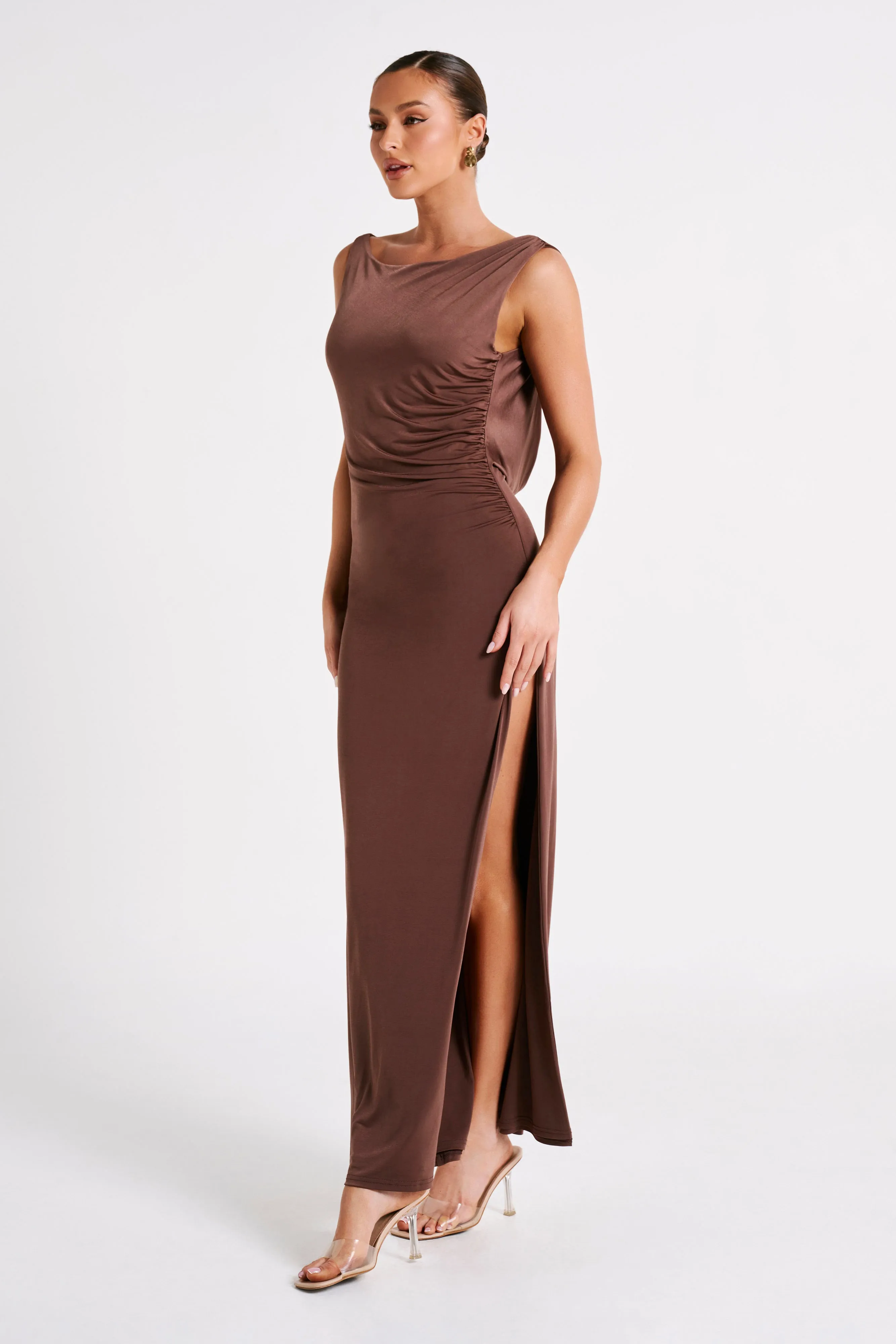 Alika Draped Front Maxi Dress - Mocha sold by Meshki product image thumbnail 4