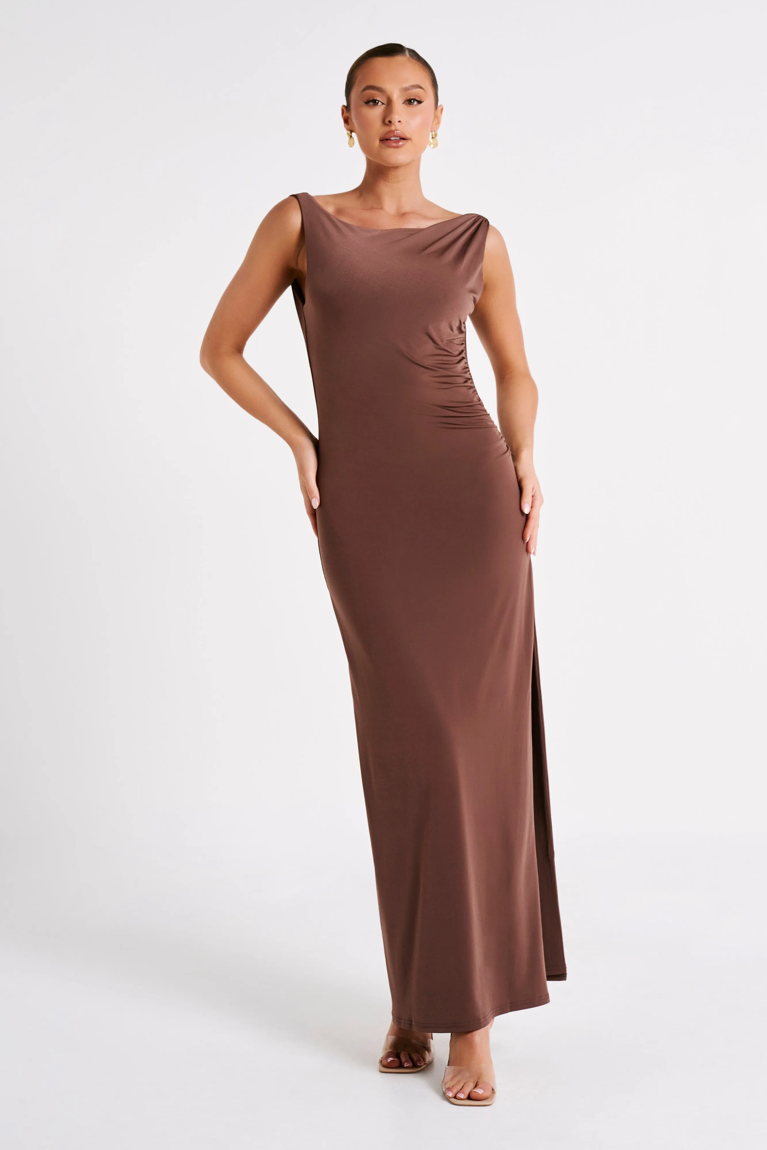 Alika Draped Front Maxi Dress - Mocha sold by Meshki product image thumbnail 2