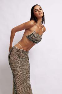 Rayne Mesh Diamante Midi Skirt - Iridescent Black sold by Meshki