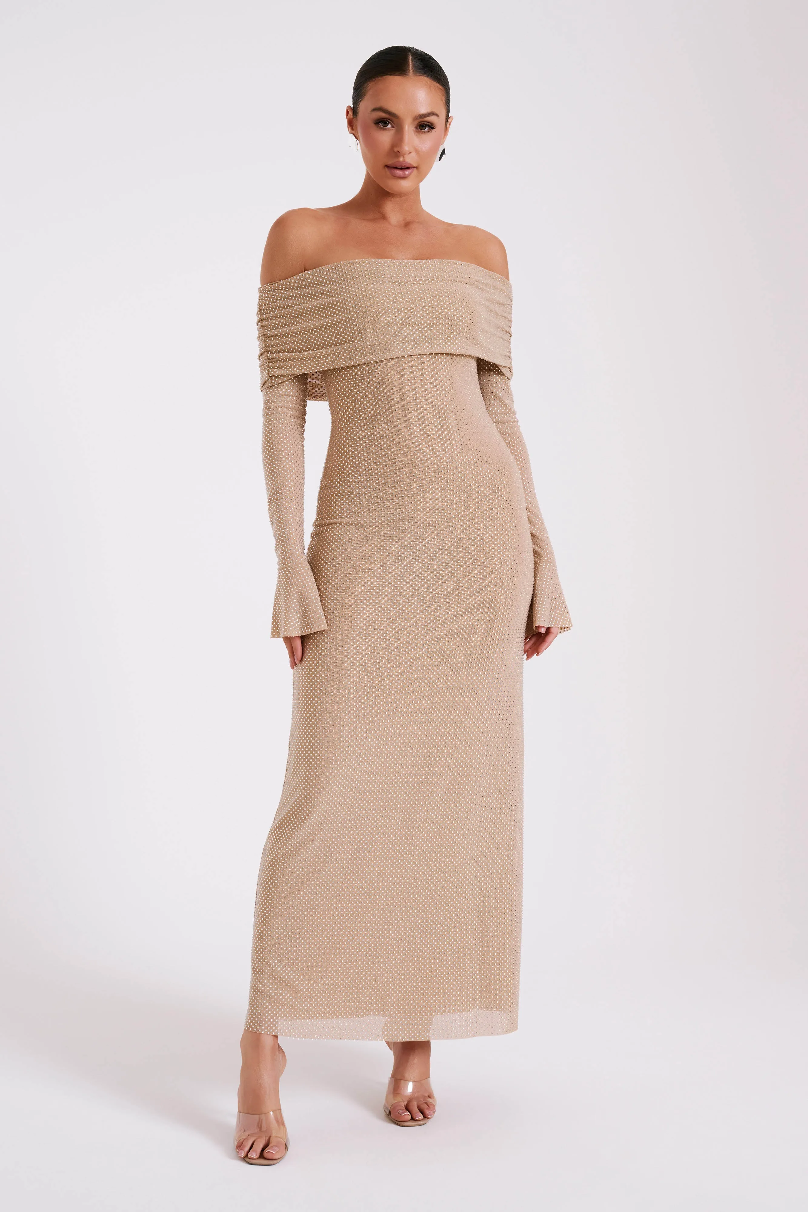 Marcel Off Shoulder Diamante Maxi Dress - Nude sold by Meshki product image thumbnail 5