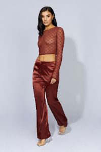 Nicolette Low Rise Satin Pants - Cherry Chocolate sold by Meshki
