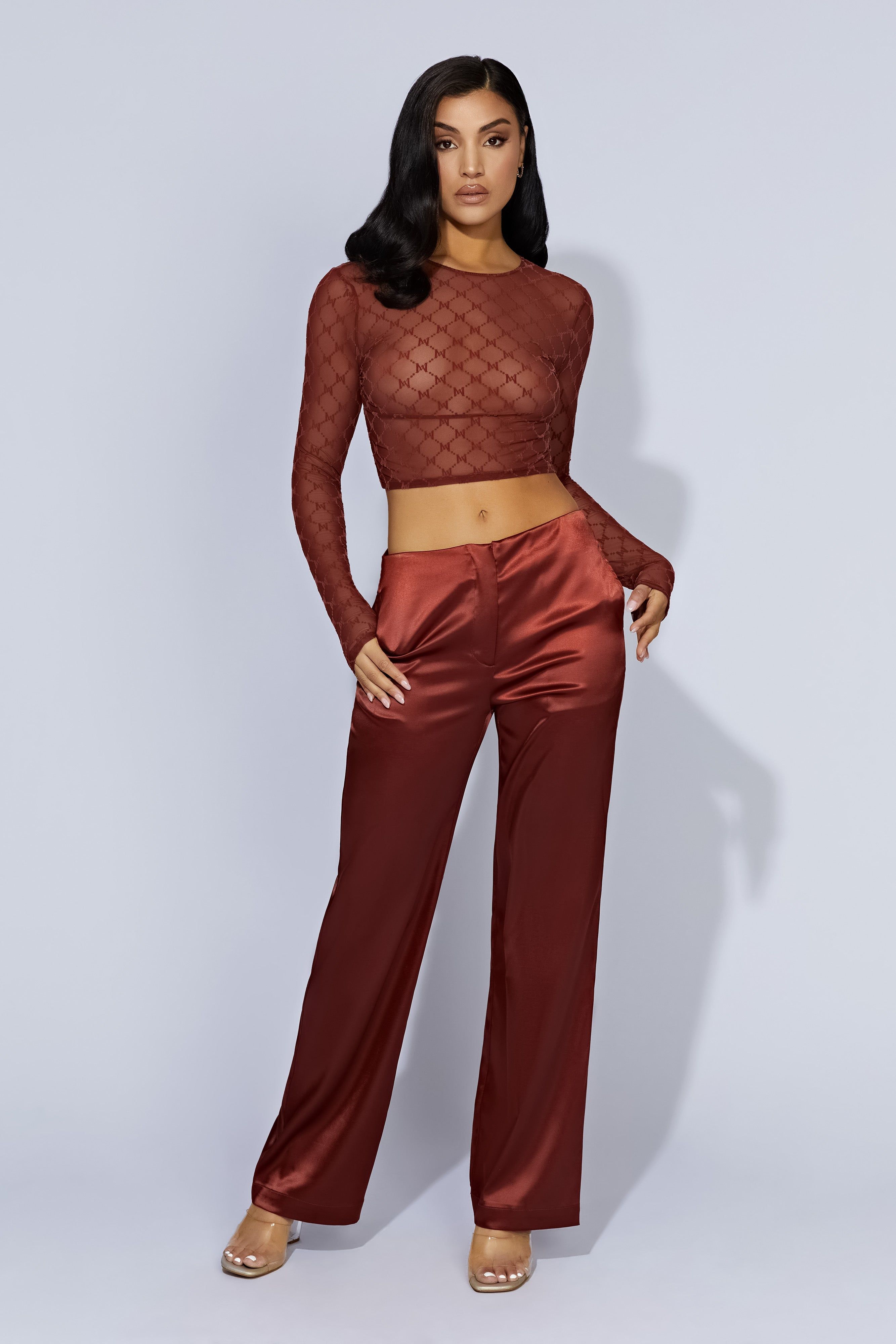 Nicolette Low Rise Satin Pants - Cherry Chocolate sold by Meshki product image thumbnail 6