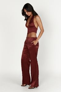 Nicolette Low Rise Satin Pants - Cherry Chocolate sold by Meshki