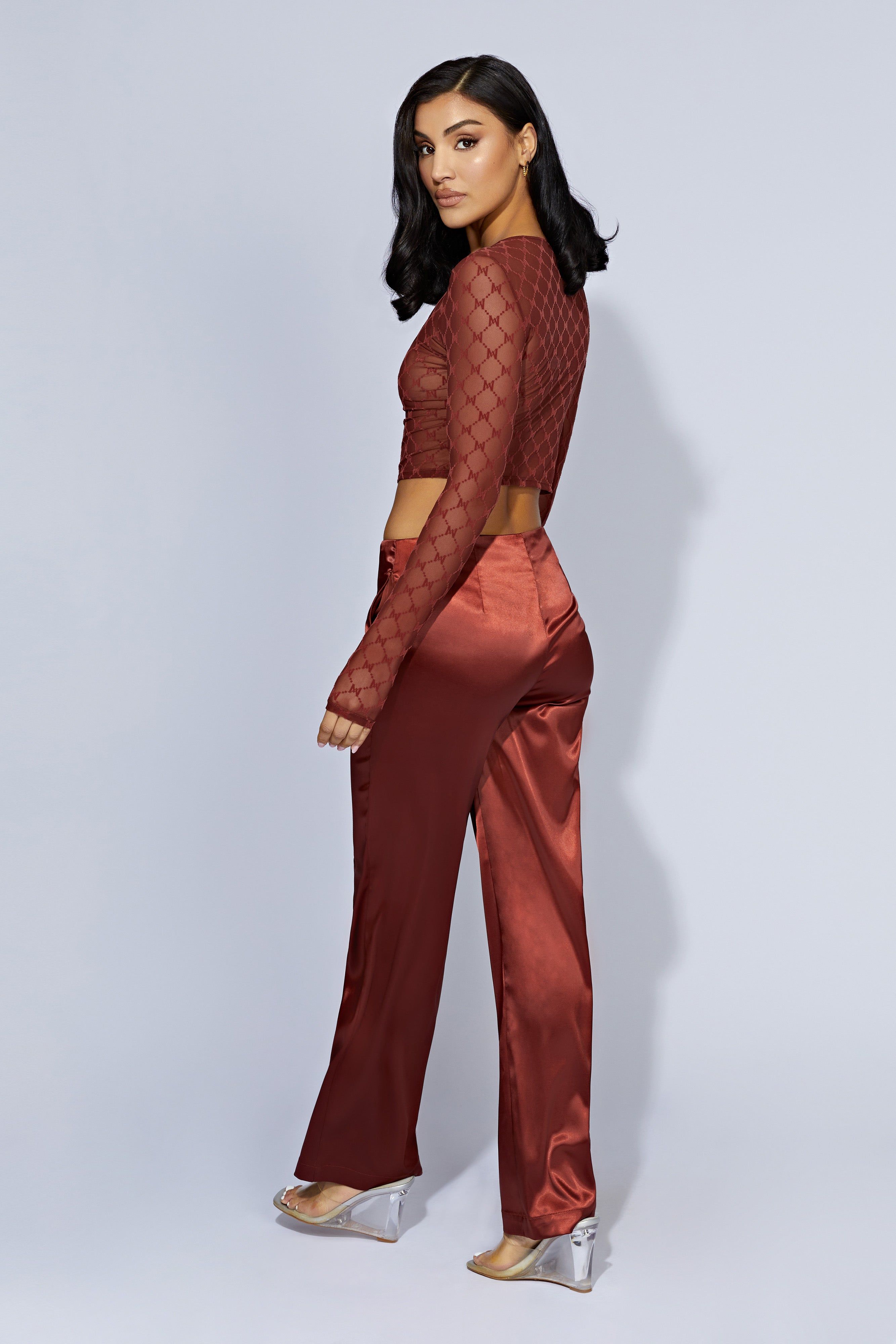 Nicolette Low Rise Satin Pants - Cherry Chocolate sold by Meshki product image thumbnail 7