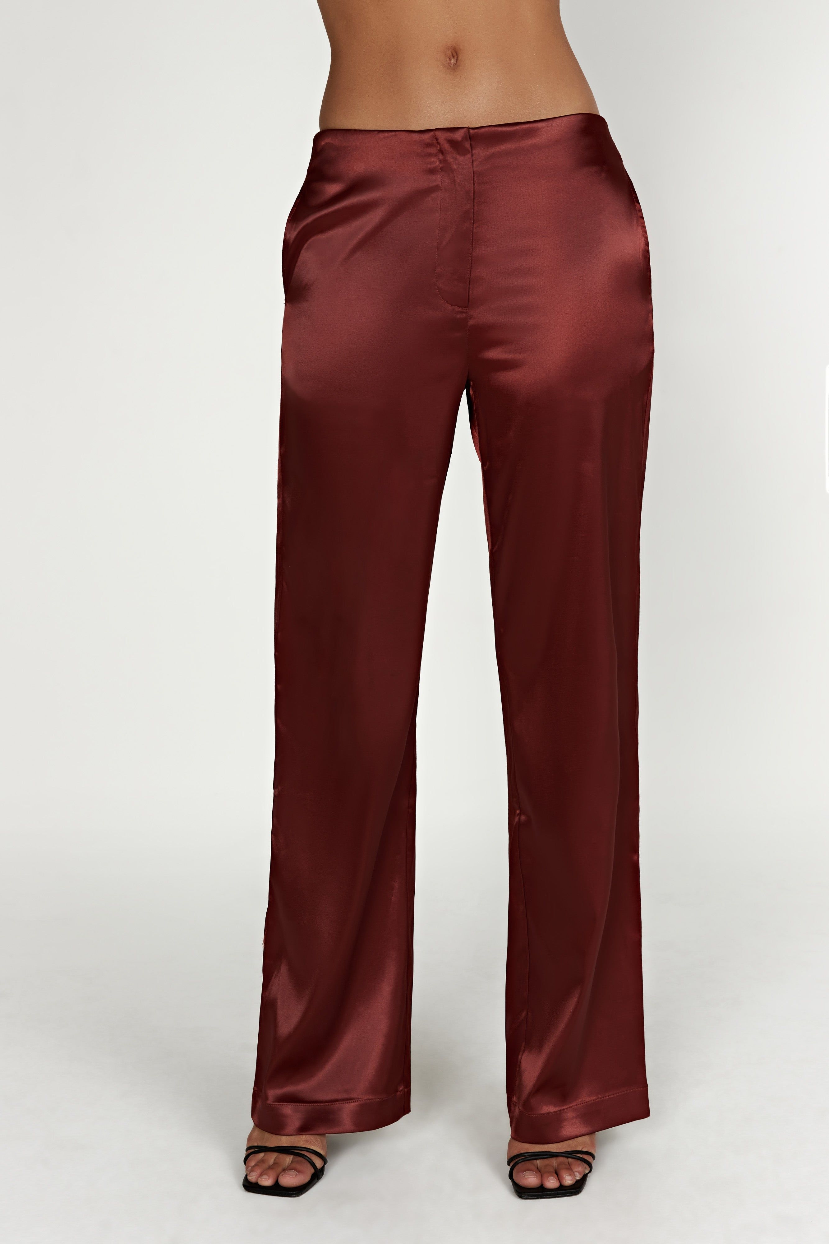 Nicolette Low Rise Satin Pants - Cherry Chocolate sold by Meshki