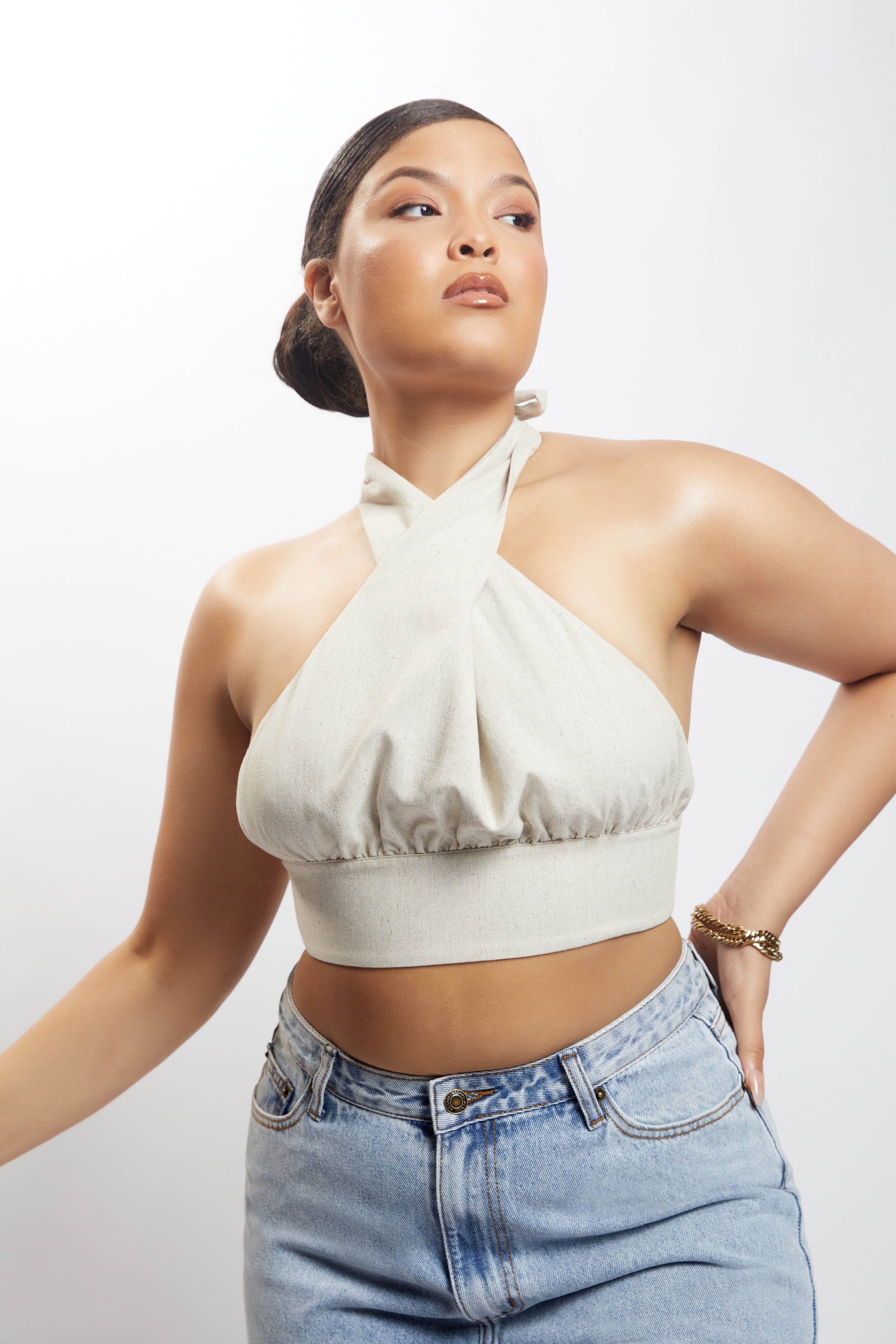 Piper Halter Neck Linen Crop Top - Natural sold by Meshki product image thumbnail 13