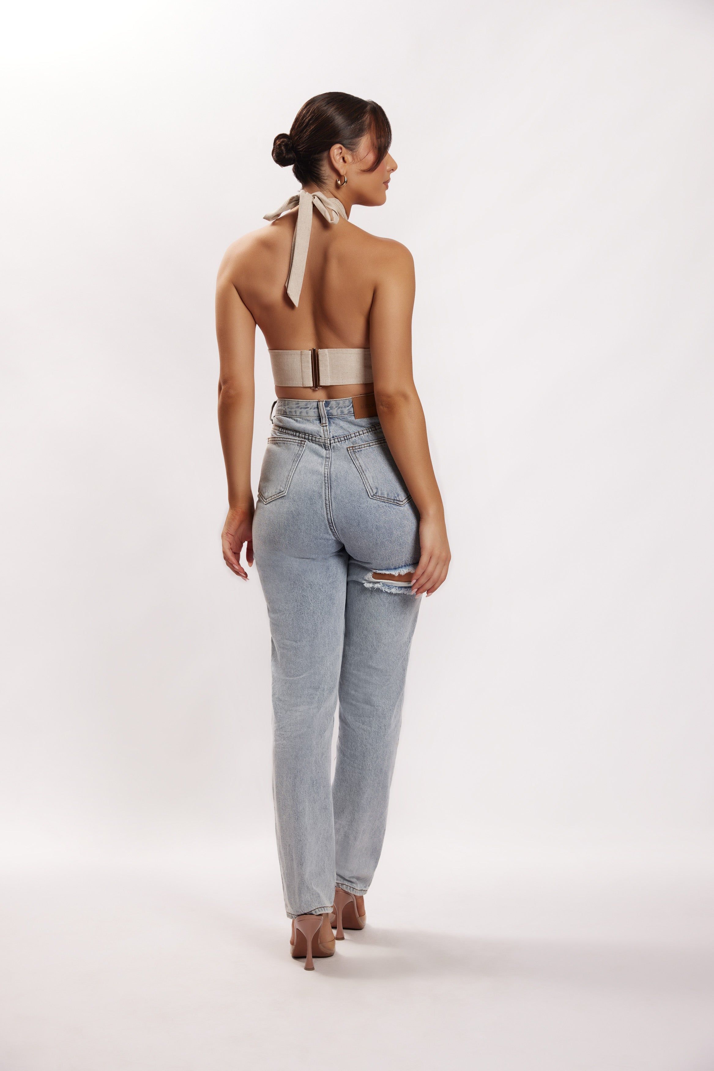 Piper Halter Neck Linen Crop Top - Natural sold by Meshki product image thumbnail 2