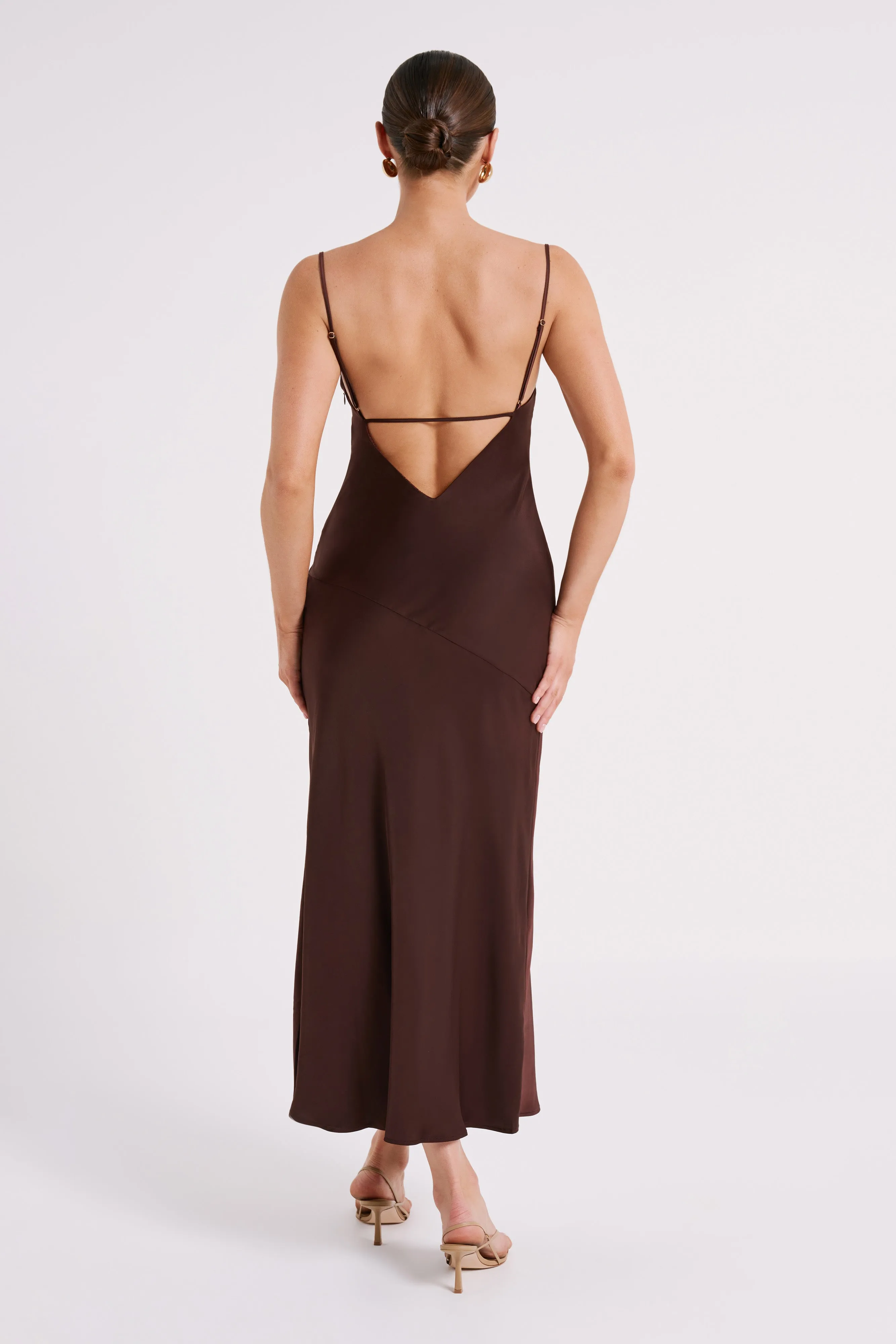Brynlee Low Back Satin Maxi Dress - Dark Chocolate sold by Meshki product image thumbnail 3