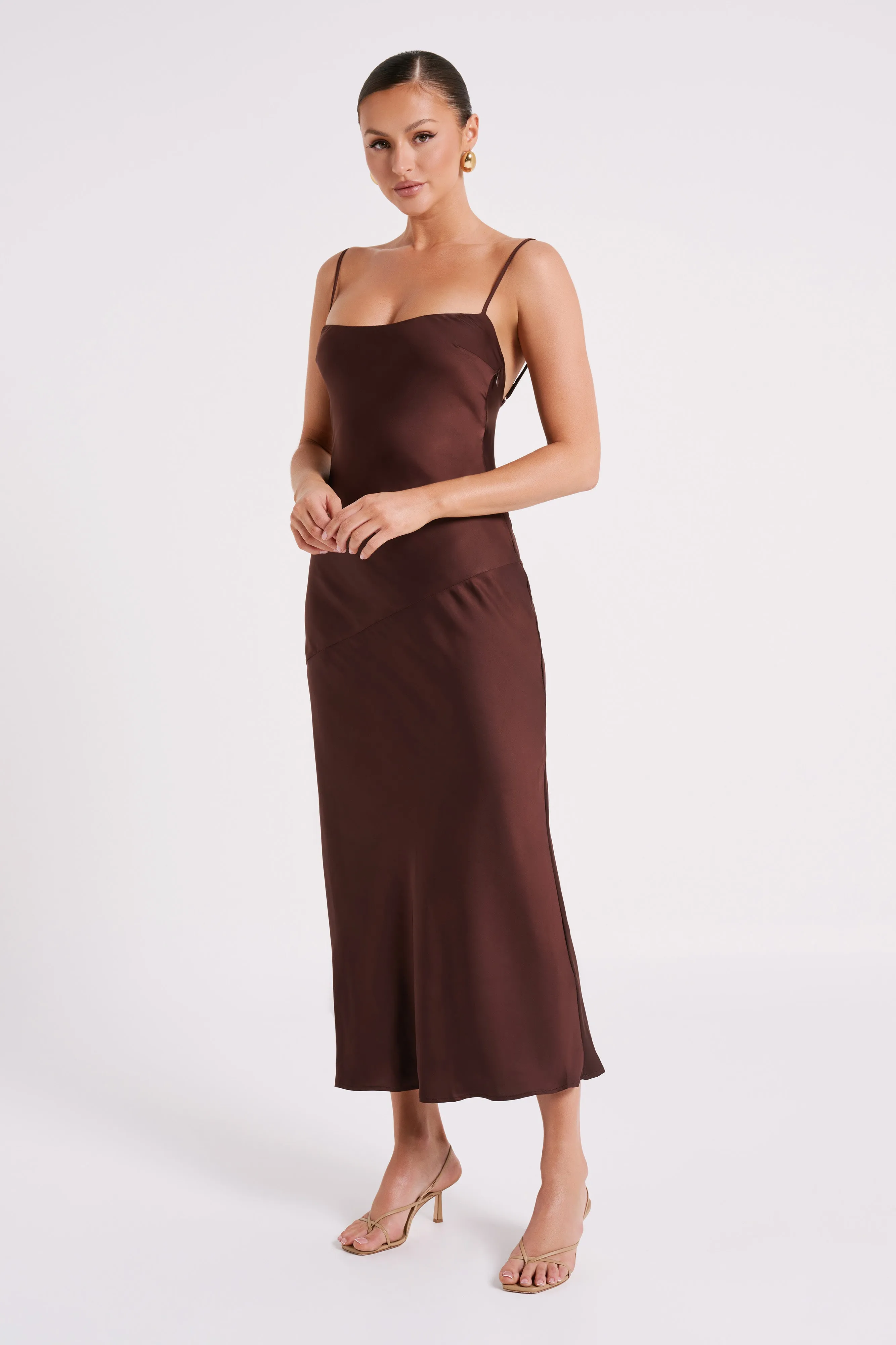 Brynlee Low Back Satin Maxi Dress - Dark Chocolate sold by Meshki product image thumbnail 4