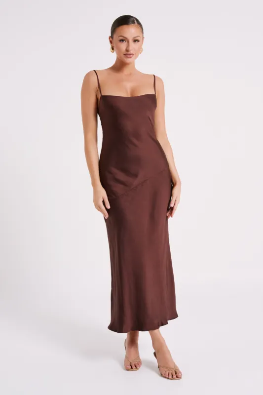 Brynlee Low Back Satin Maxi Dress - Dark Chocolate sold by Meshki