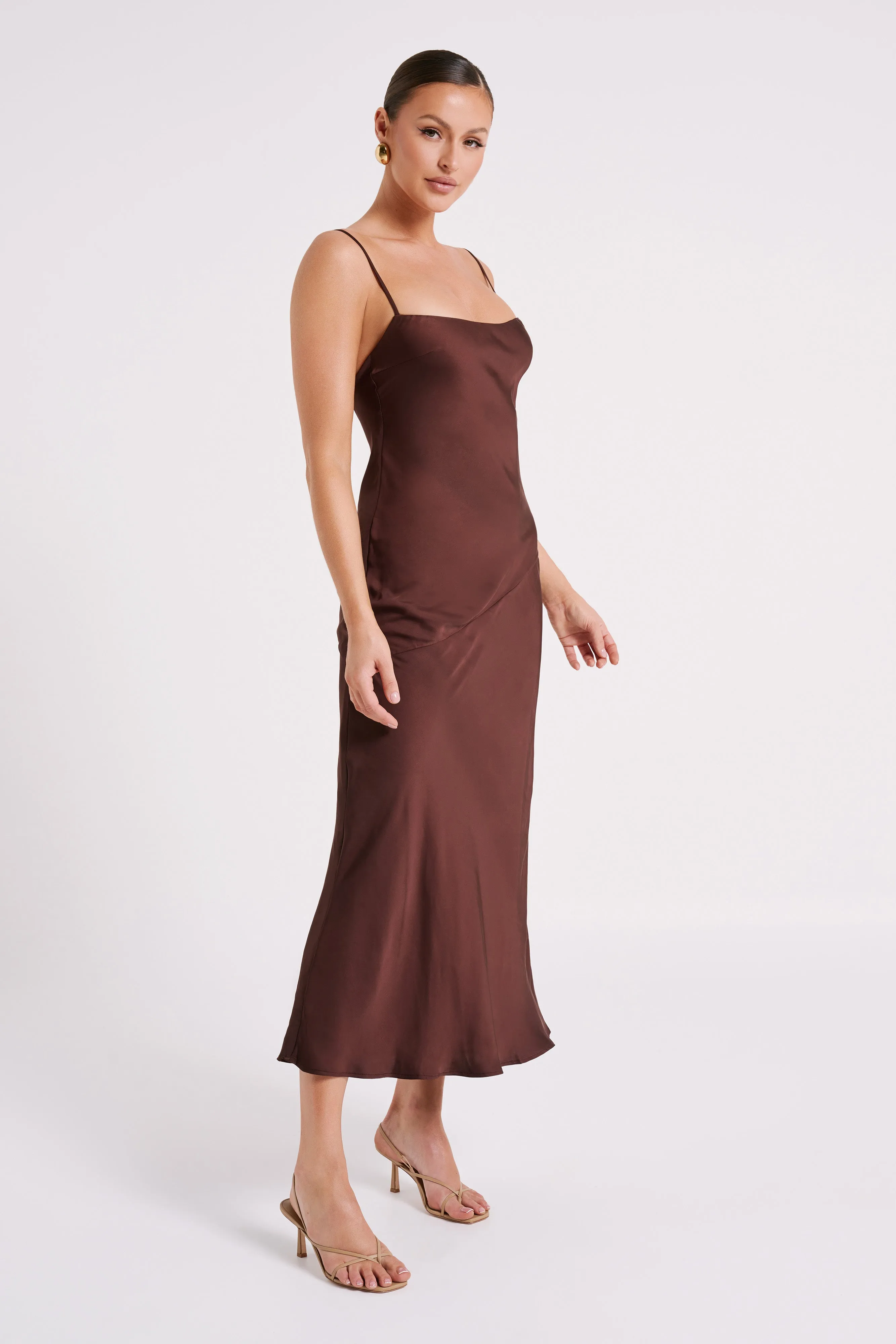 Brynlee Low Back Satin Maxi Dress - Dark Chocolate sold by Meshki product image thumbnail 5