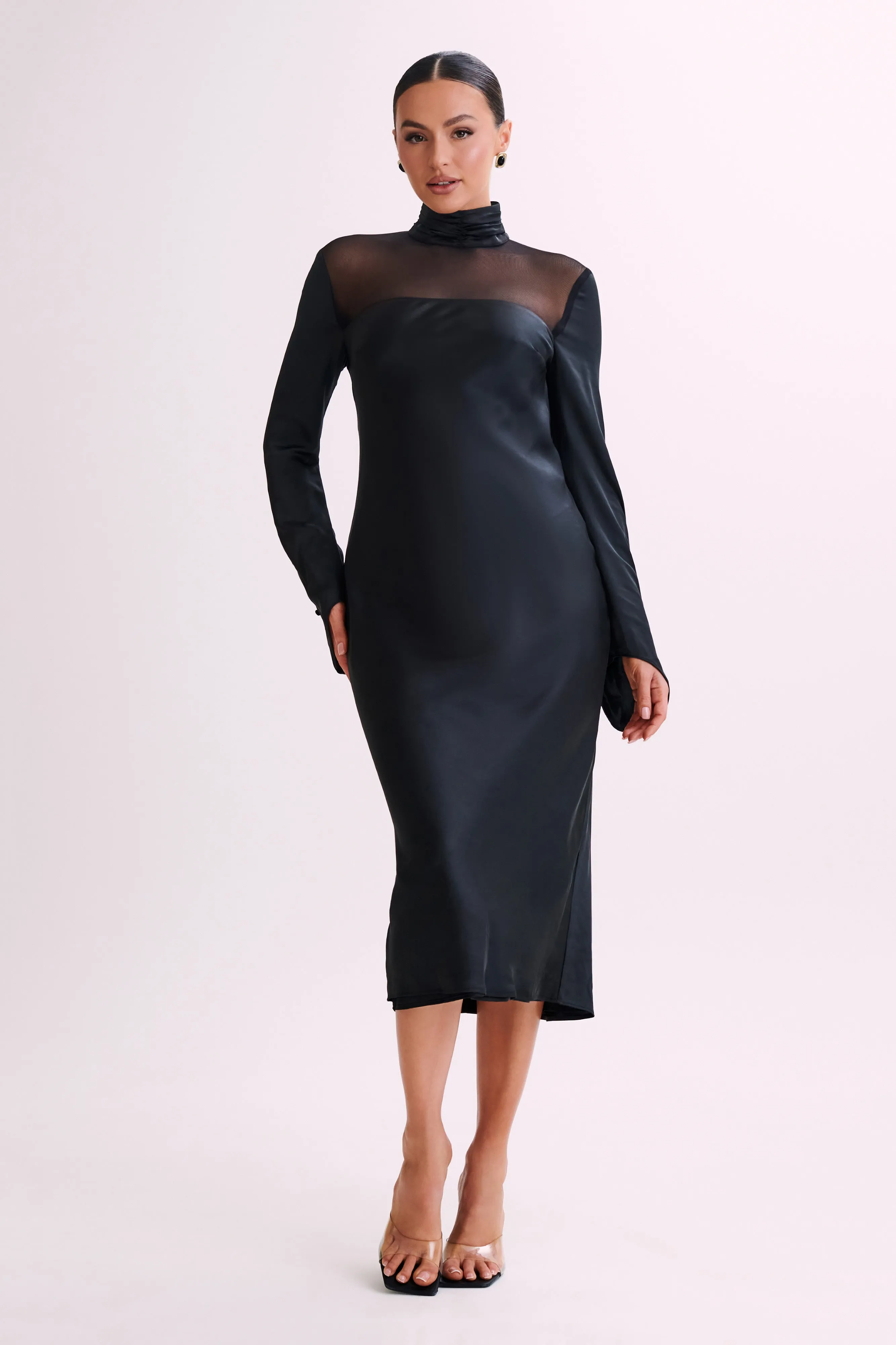 Patricia High Neck Satin Midi Dress - Black sold by Meshki