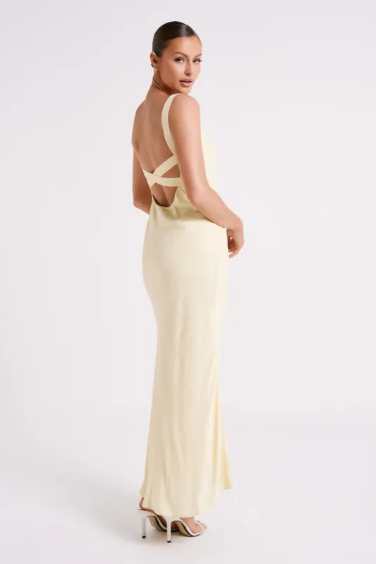 Ensley Satin Maxi Dress - Light Yellow sold by Meshki