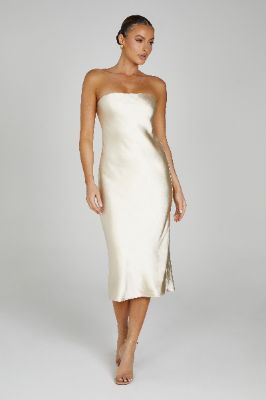 Tyler Strapless Satin Midi Dress - Gold sold by Meshki