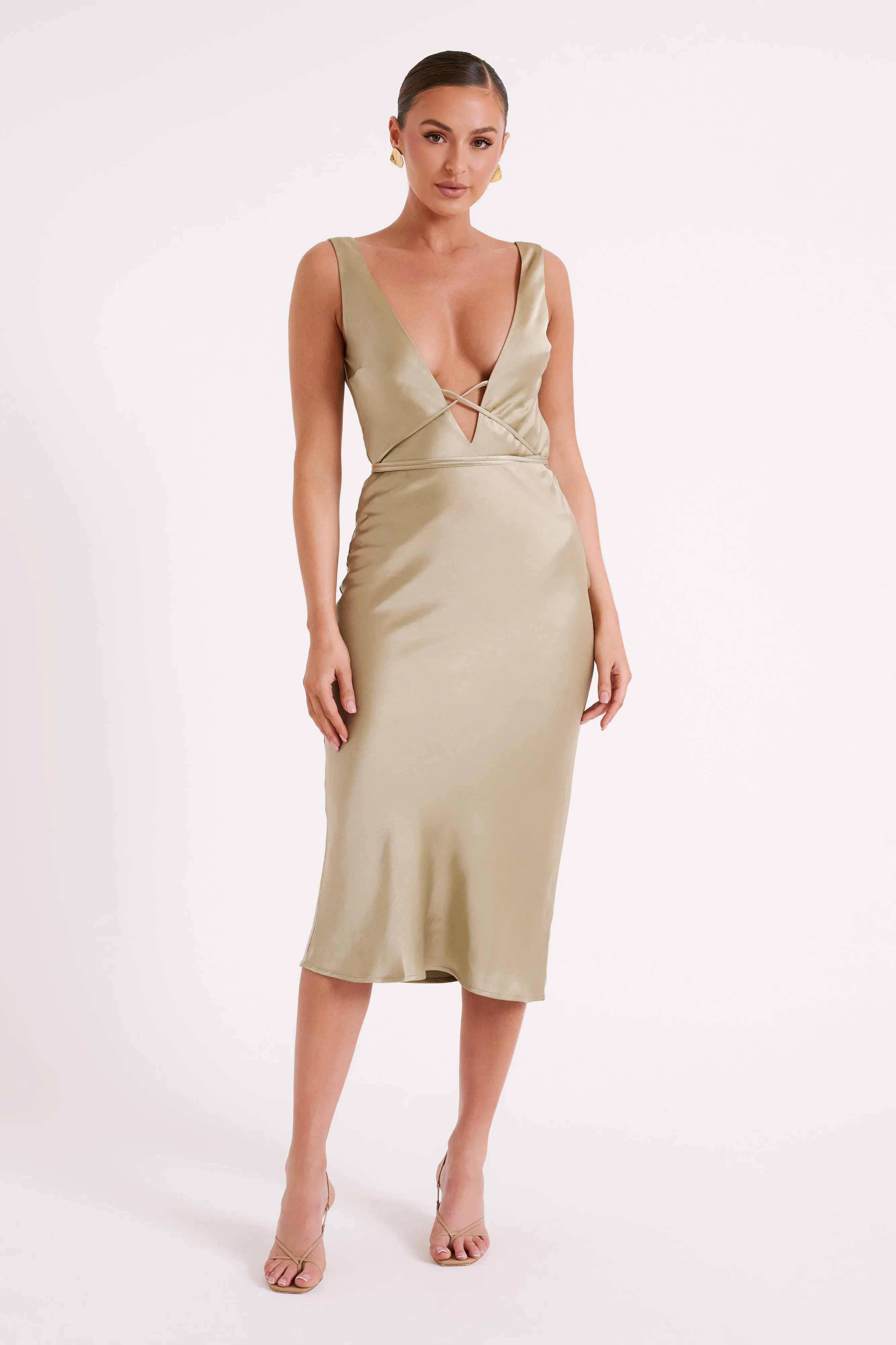 Elouise Tie Around Satin Midi Dress - Sage sold by Meshki product image thumbnail 4