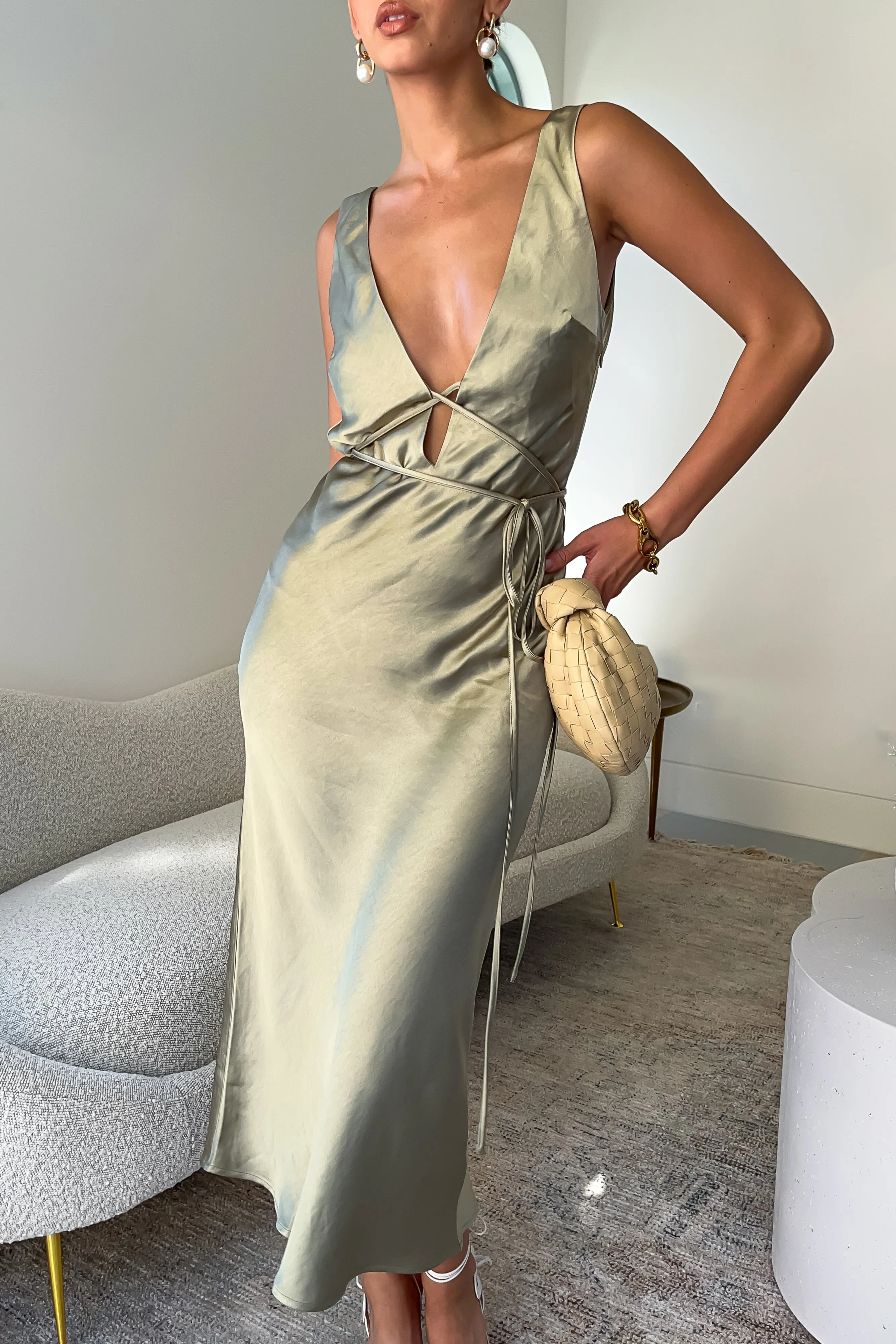 Elouise Tie Around Satin Midi Dress - Sage sold by Meshki