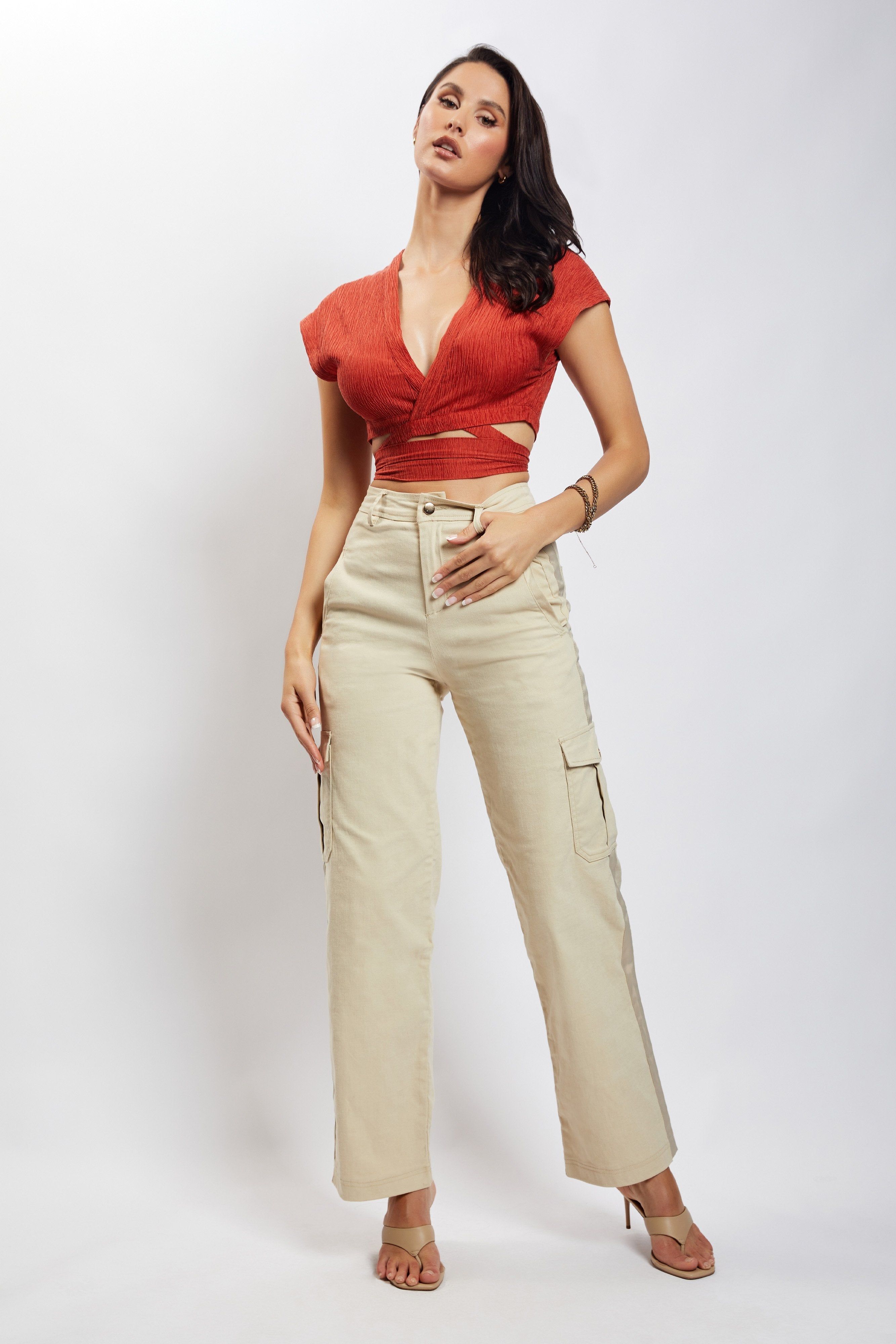 Rosa Crinkle Satin Crop Top - Burnt Orange sold by Meshki product image thumbnail 3