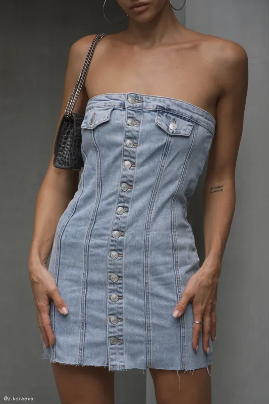 Tiani Buttoned Denim Mini Dress - Light Blue sold by Meshki