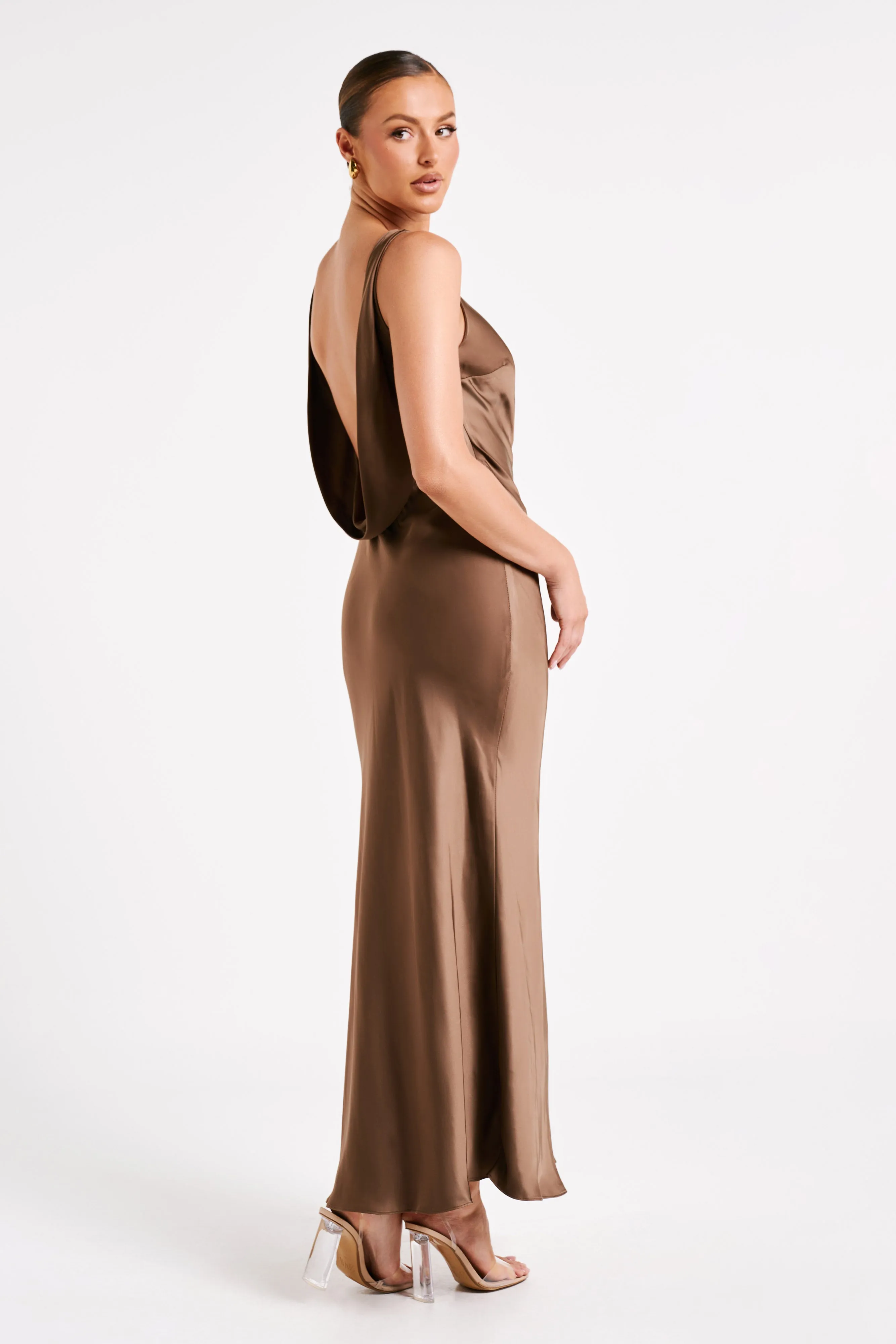 Gemima Satin Maxi Dress With Split - Mocha sold by Meshki product image thumbnail 4