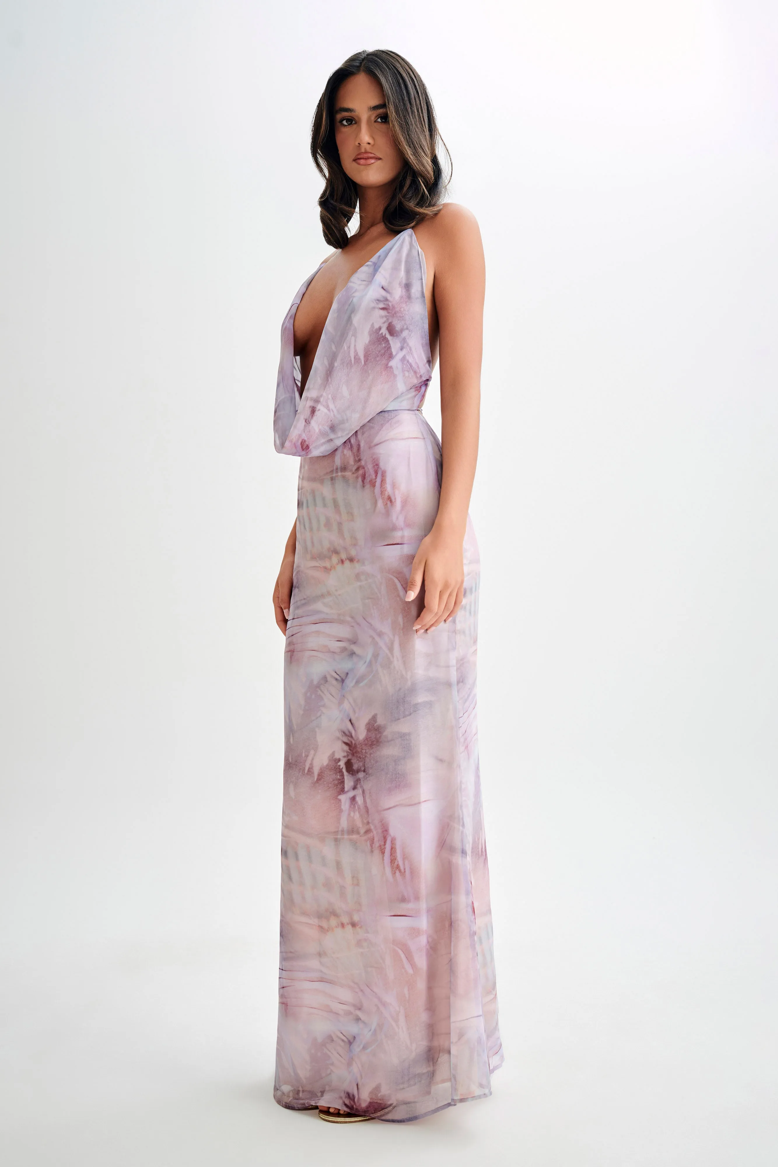 Attina Cowl Chiffon Maxi Dress - Mermaid Shell Print sold by Meshki product image thumbnail 4