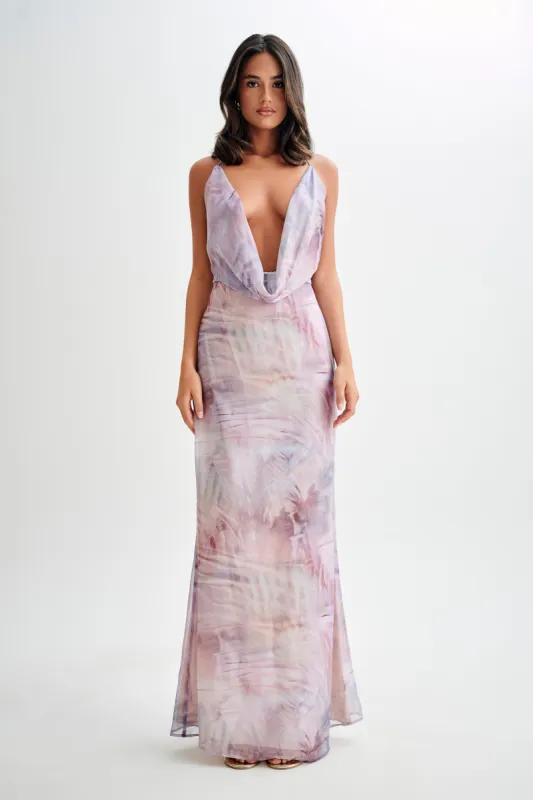 Attina Cowl Chiffon Maxi Dress - Mermaid Shell Print sold by Meshki