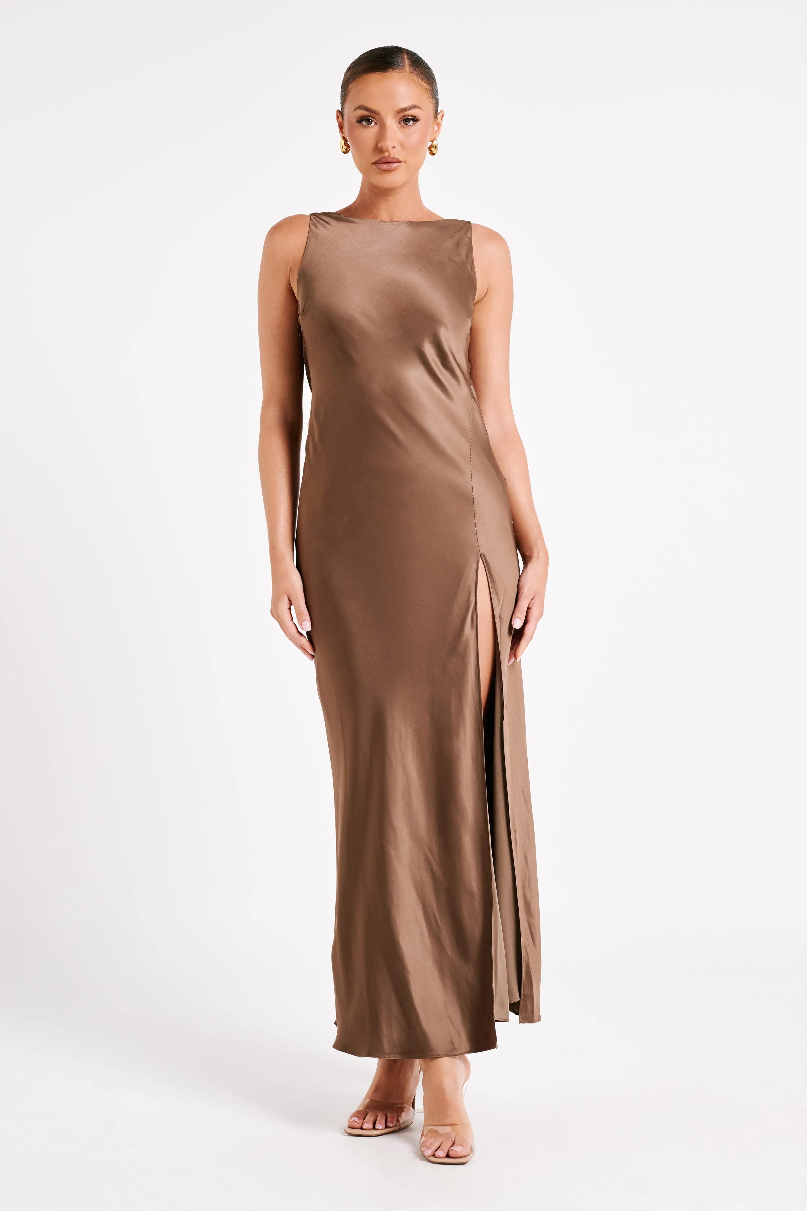 Gemima Satin Maxi Dress With Split - Mocha sold by Meshki product image thumbnail 5