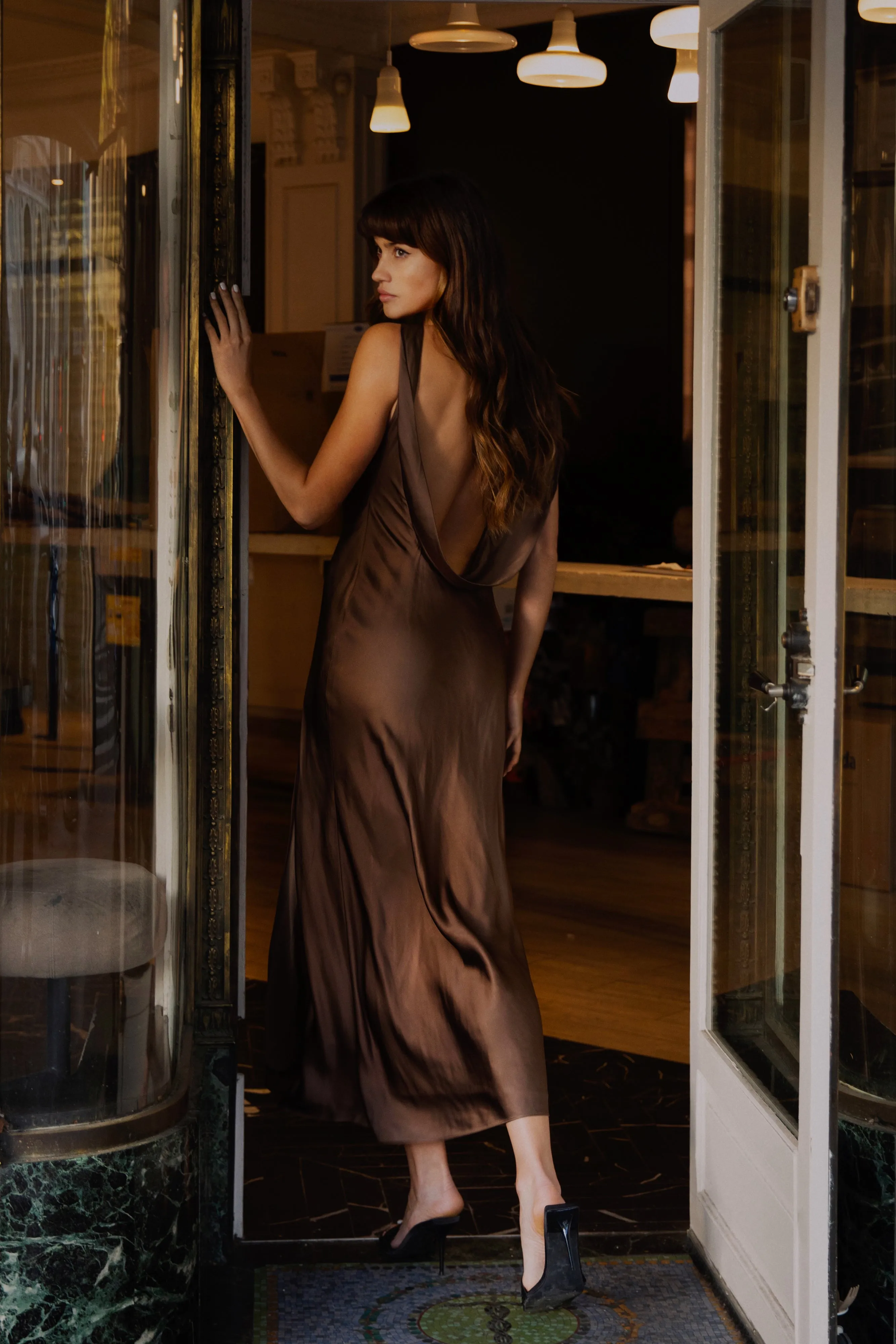Gemima Satin Maxi Dress With Split - Mocha sold by Meshki product image thumbnail 2