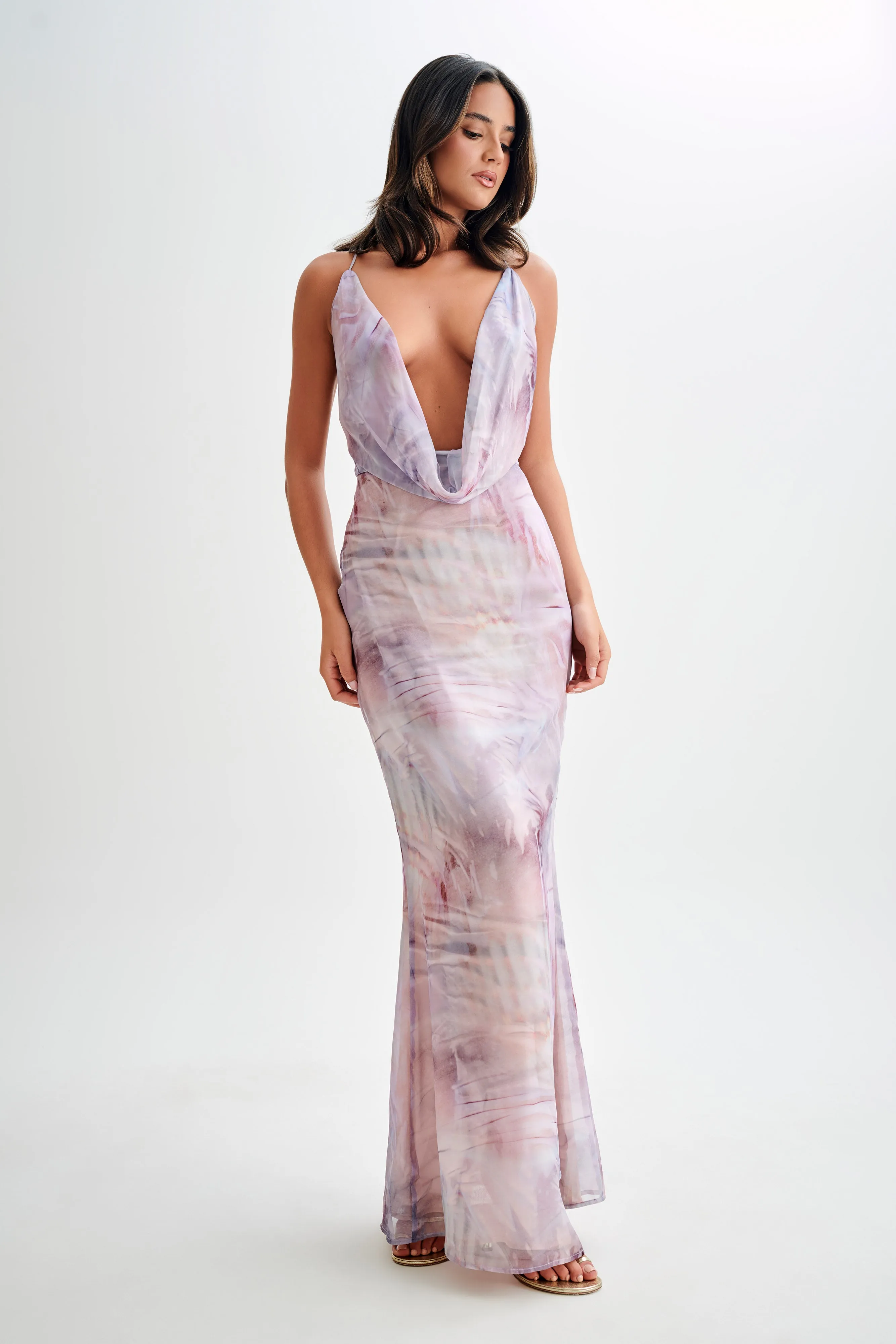 Attina Cowl Chiffon Maxi Dress - Mermaid Shell Print sold by Meshki product image thumbnail 5
