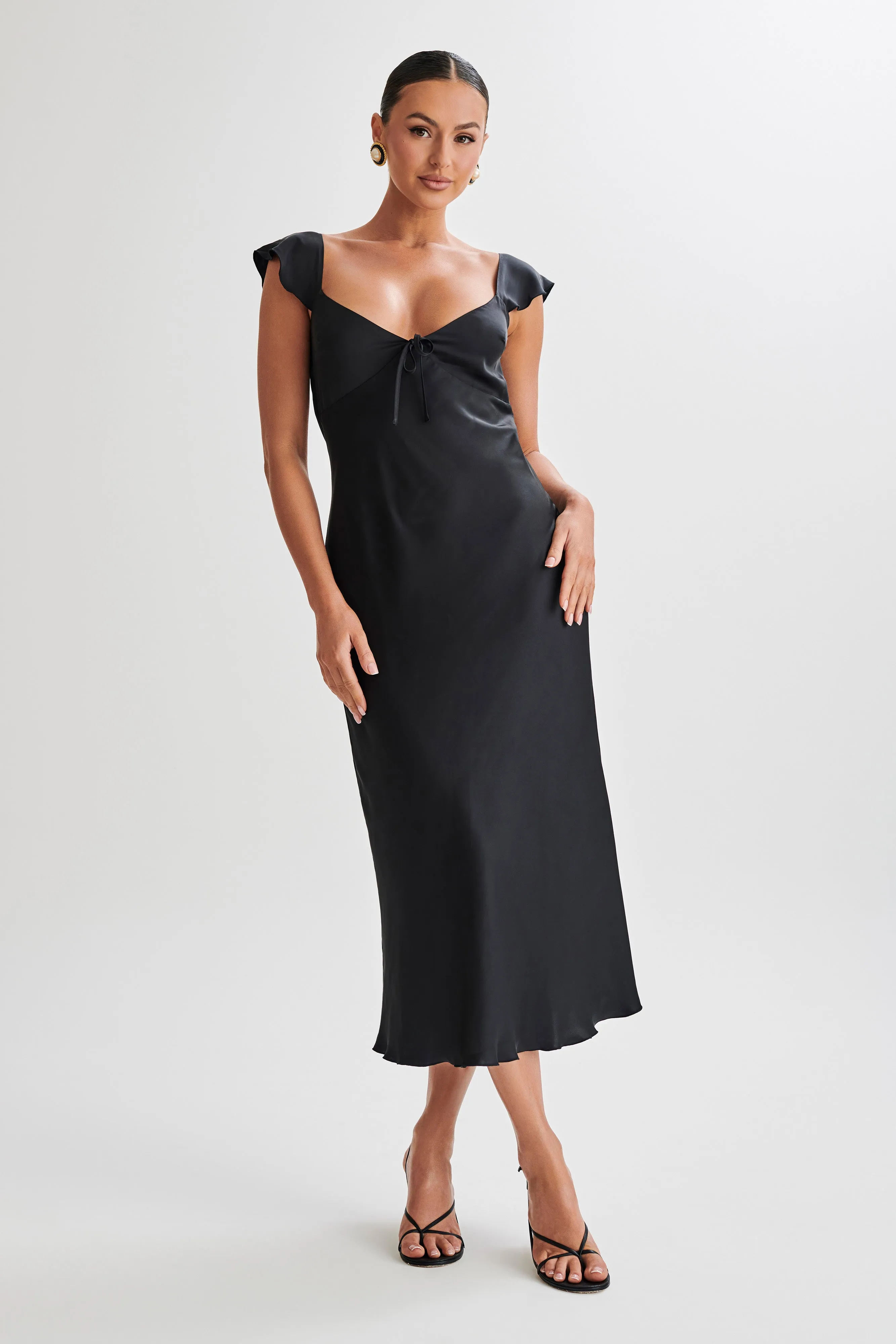 Chantal Short Sleeve Satin Midi Dress - Black sold by Meshki