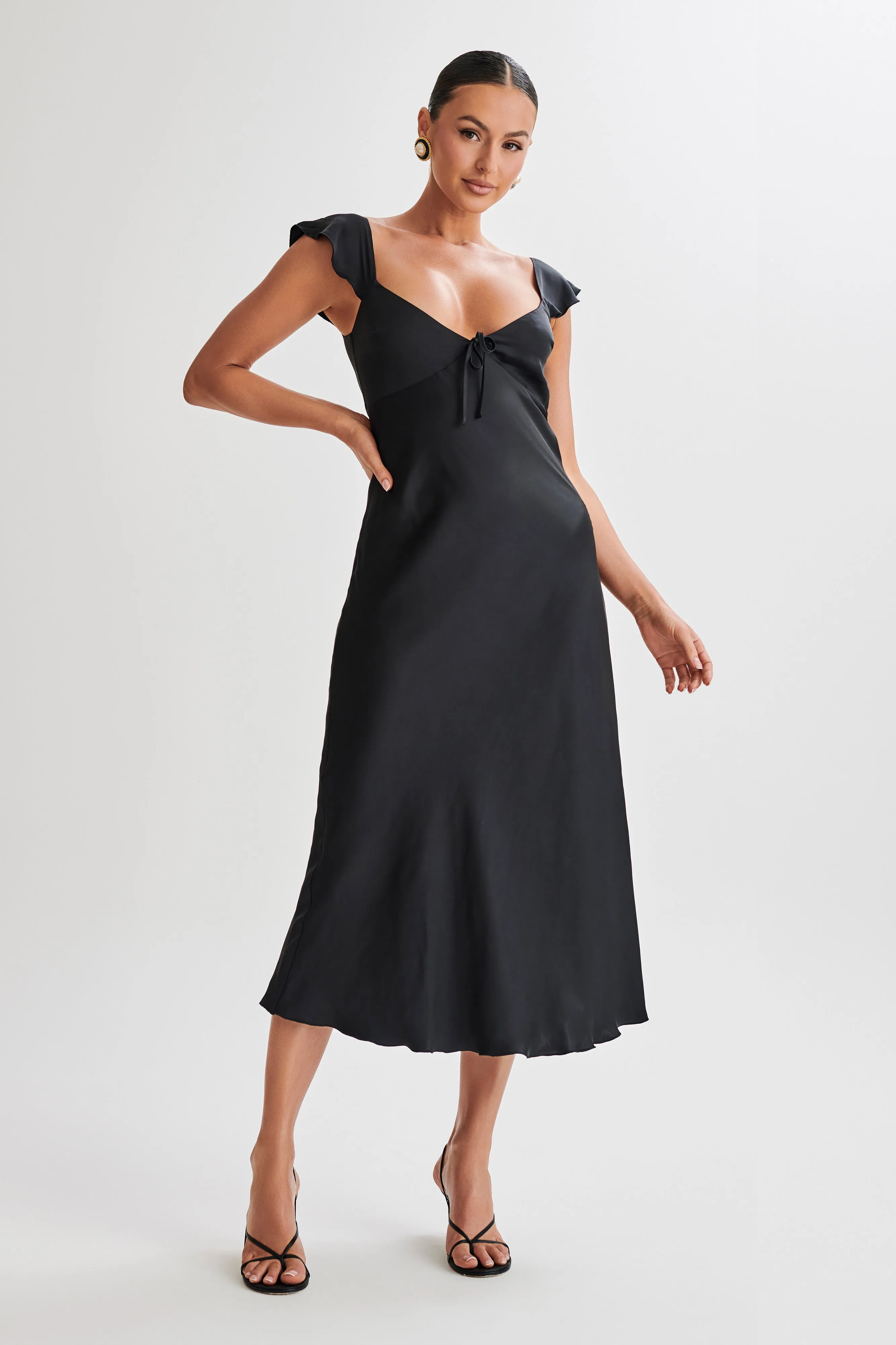 Chantal Short Sleeve Satin Midi Dress - Black sold by Meshki product image thumbnail 5