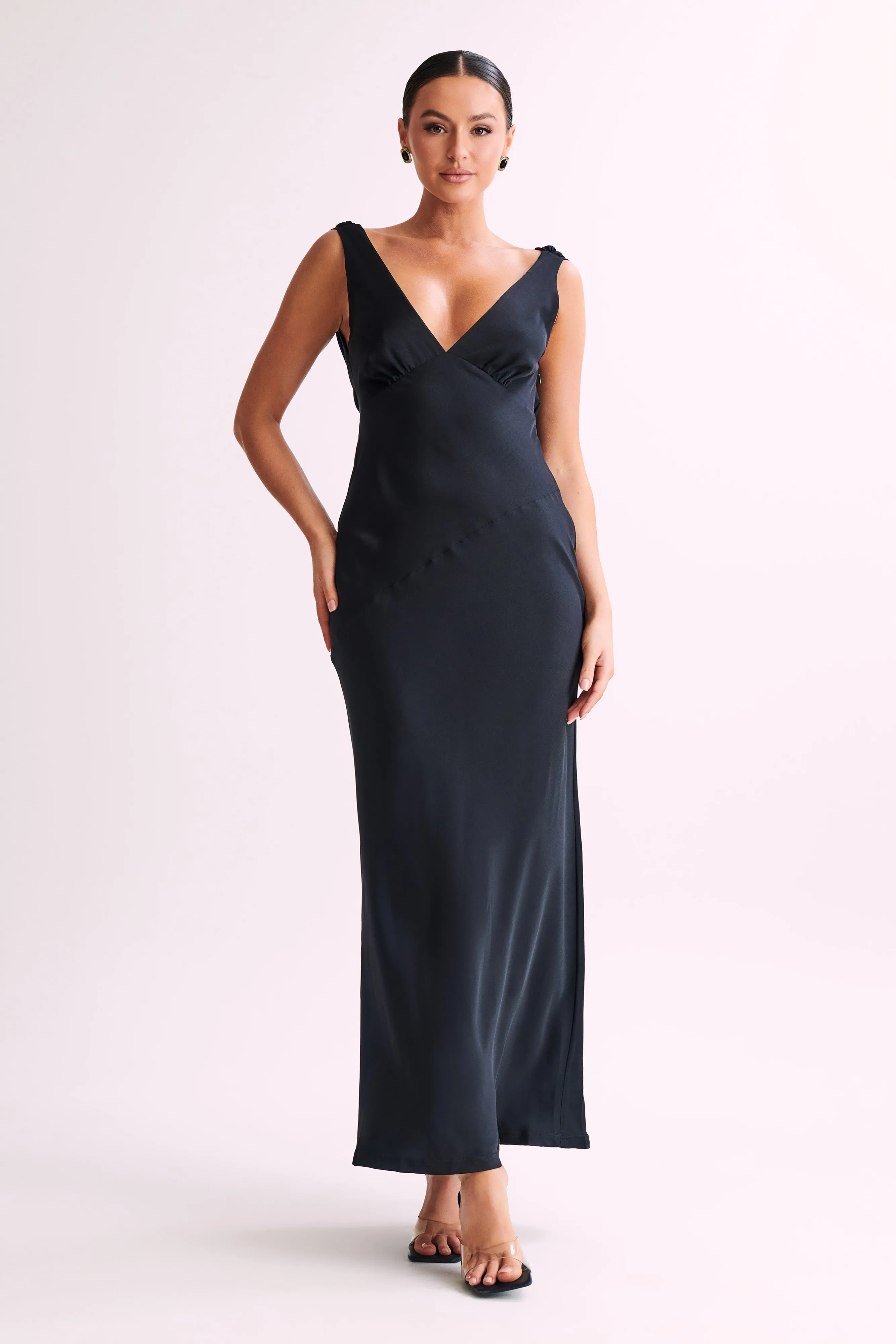 Nadia Maxi Satin Dress With Back Cowl - Black sold by Meshki product image thumbnail 5