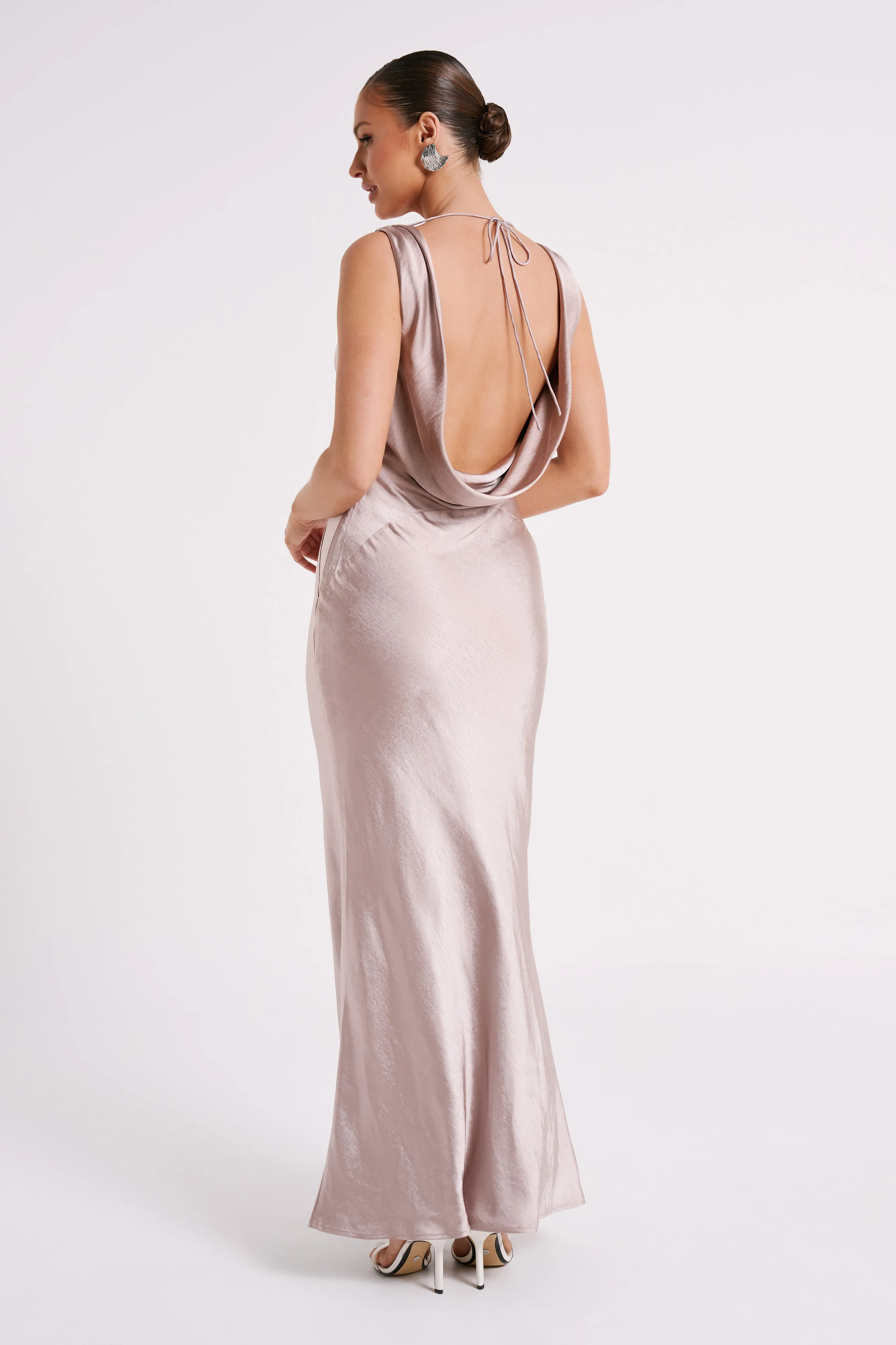 Angelique Satin Cowl Back Maxi Dress - Taupe sold by Meshki product image thumbnail 2
