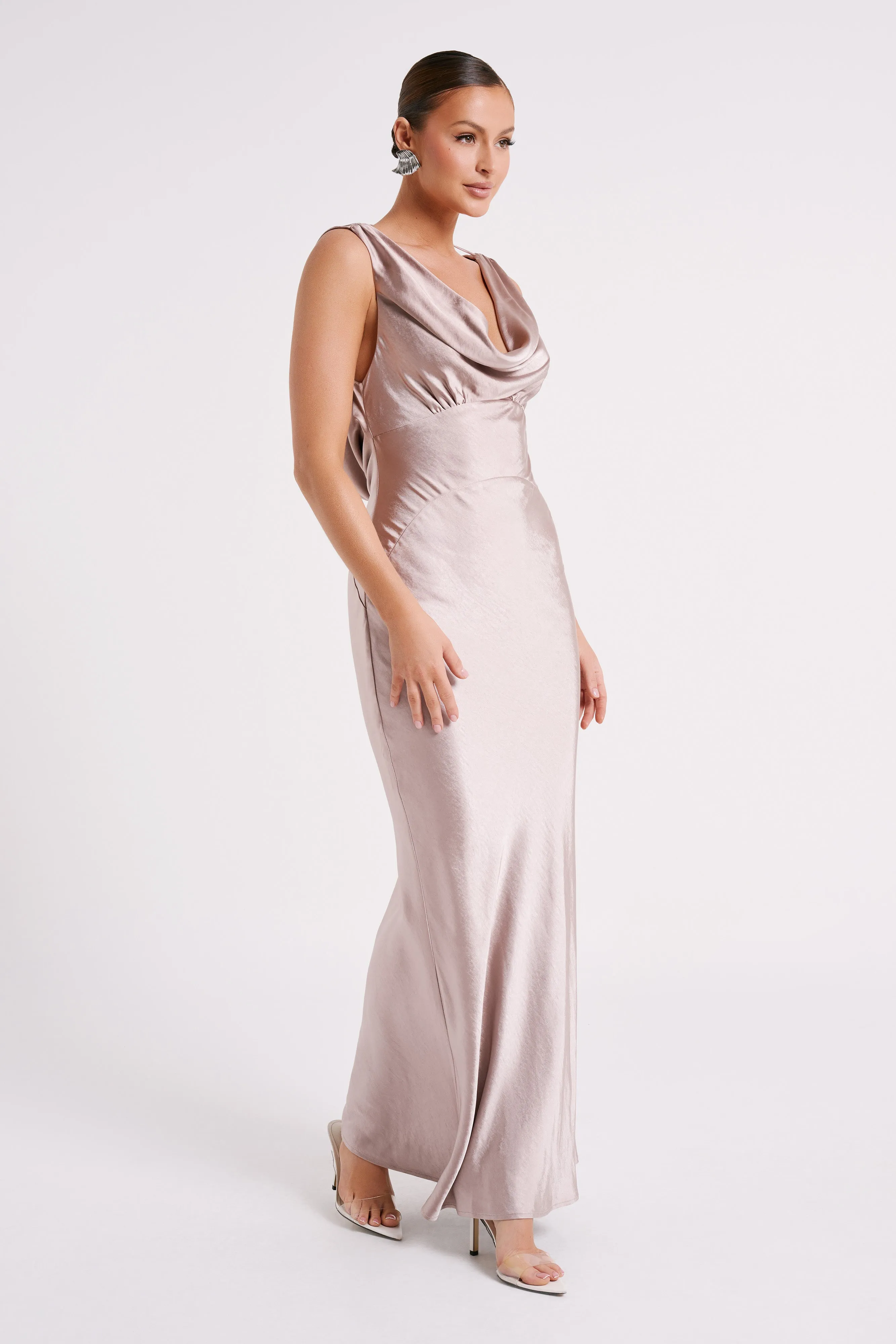 Angelique Satin Cowl Back Maxi Dress - Taupe sold by Meshki product image thumbnail 4