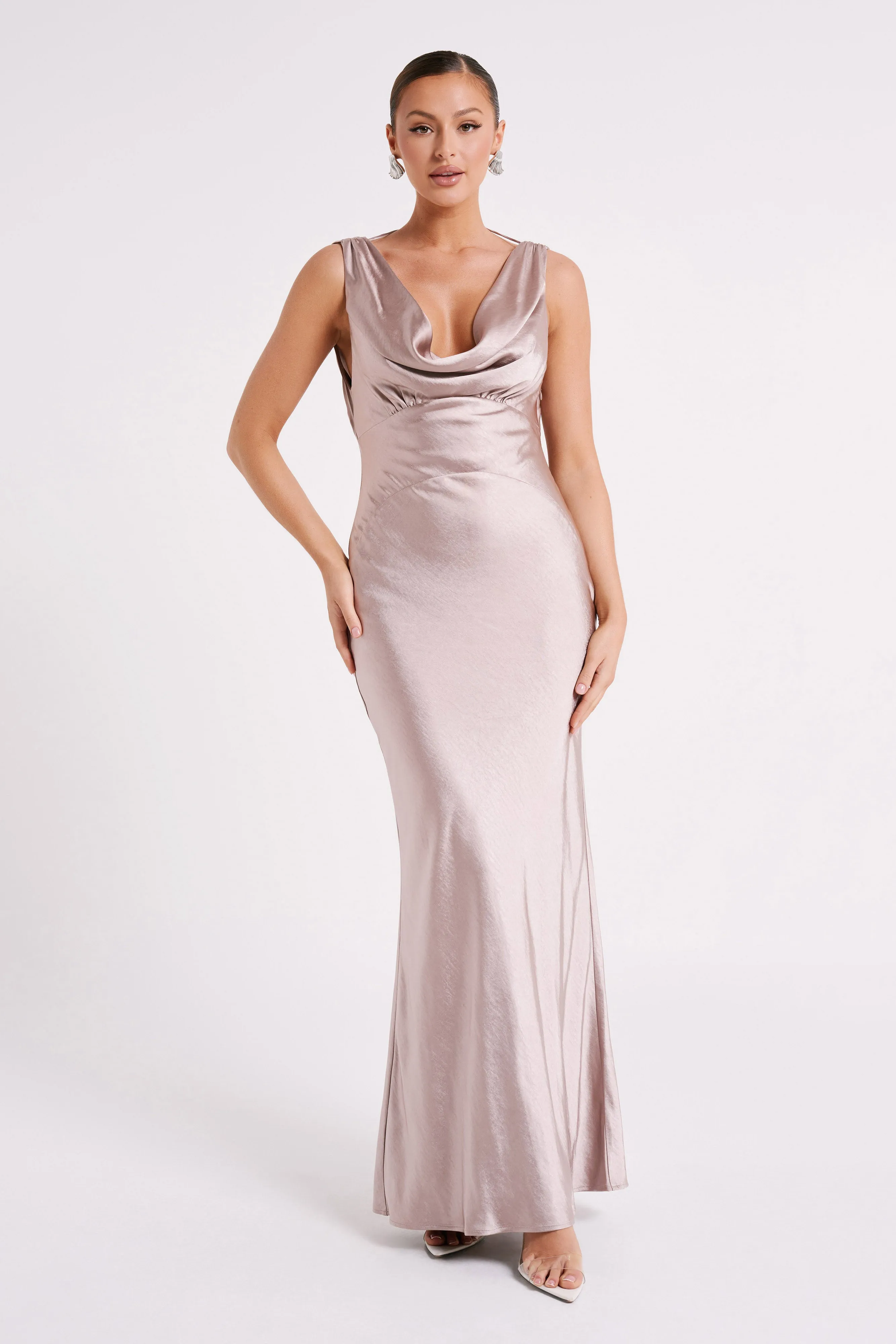 Angelique Satin Cowl Back Maxi Dress - Taupe sold by Meshki