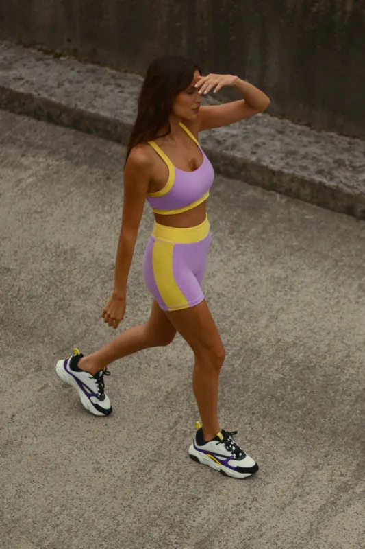 Becca Two Tone Cropped Sports Bra - Lilac/Yellow sold by Meshki