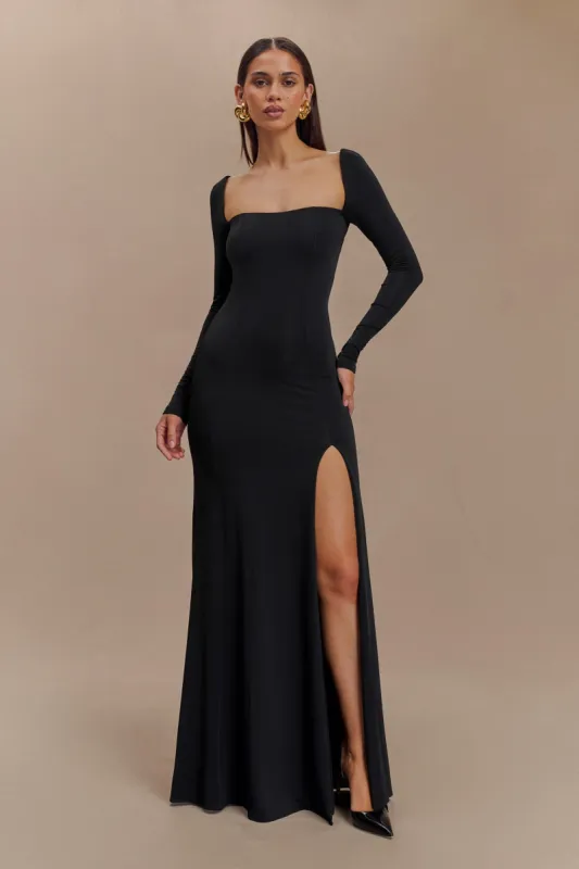 Desirie Slinky Long Sleeve Maxi Dress With Split - Black sold by Meshki