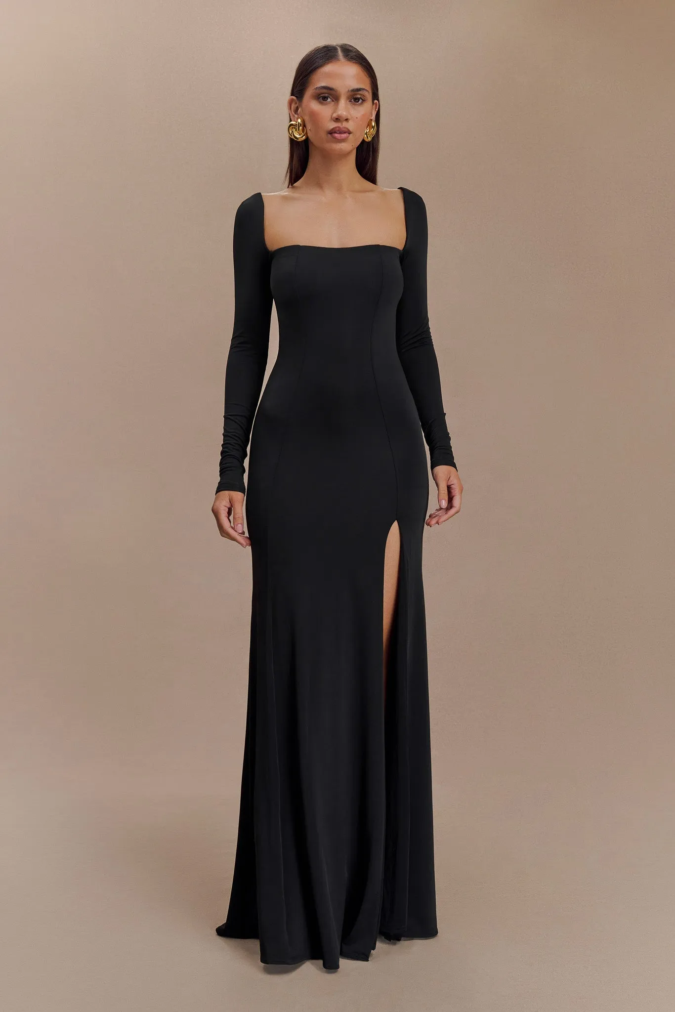 Desirie Slinky Long Sleeve Maxi Dress With Split - Black sold by Meshki product image thumbnail 4