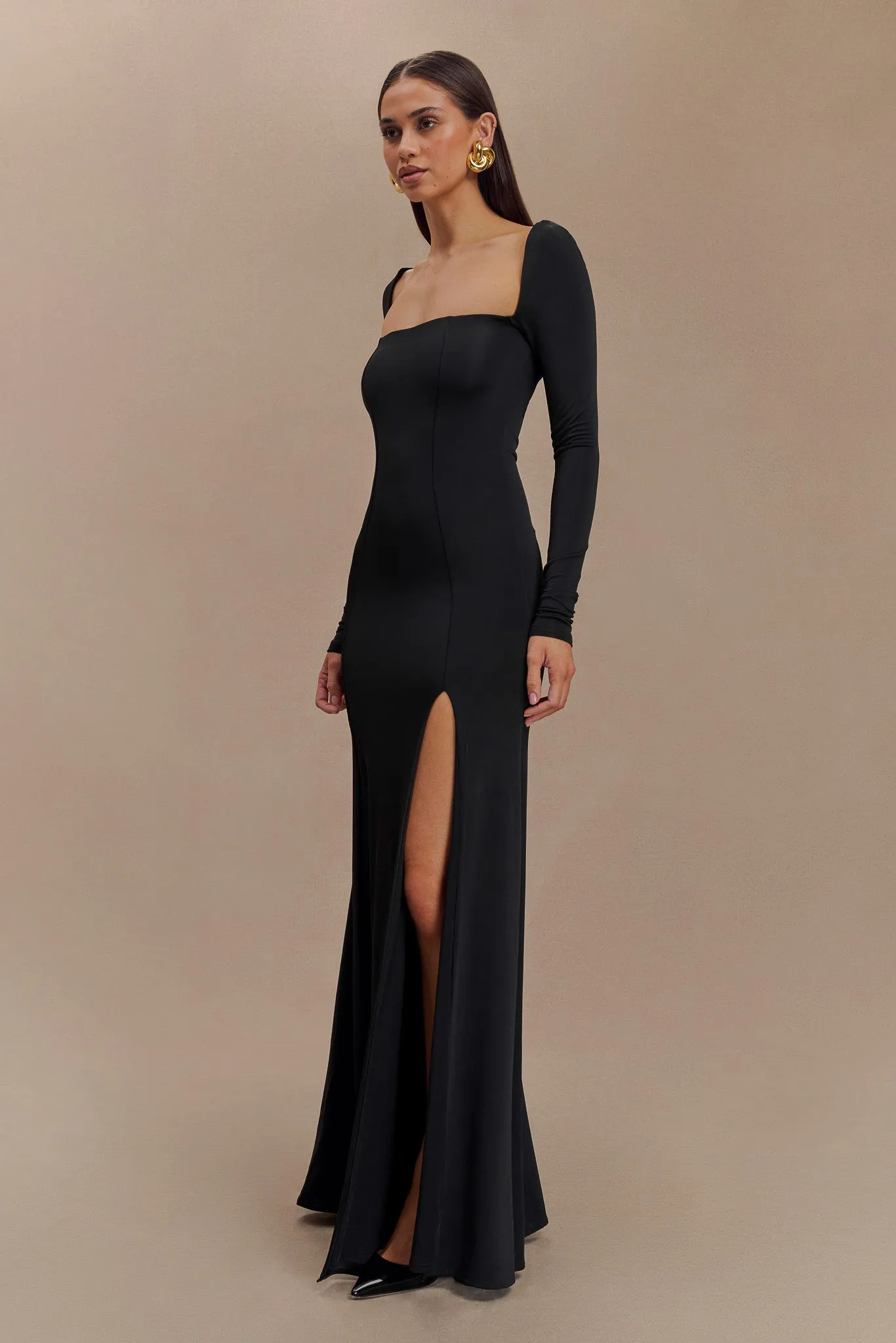 Desirie Slinky Long Sleeve Maxi Dress With Split - Black sold by Meshki product image thumbnail 5