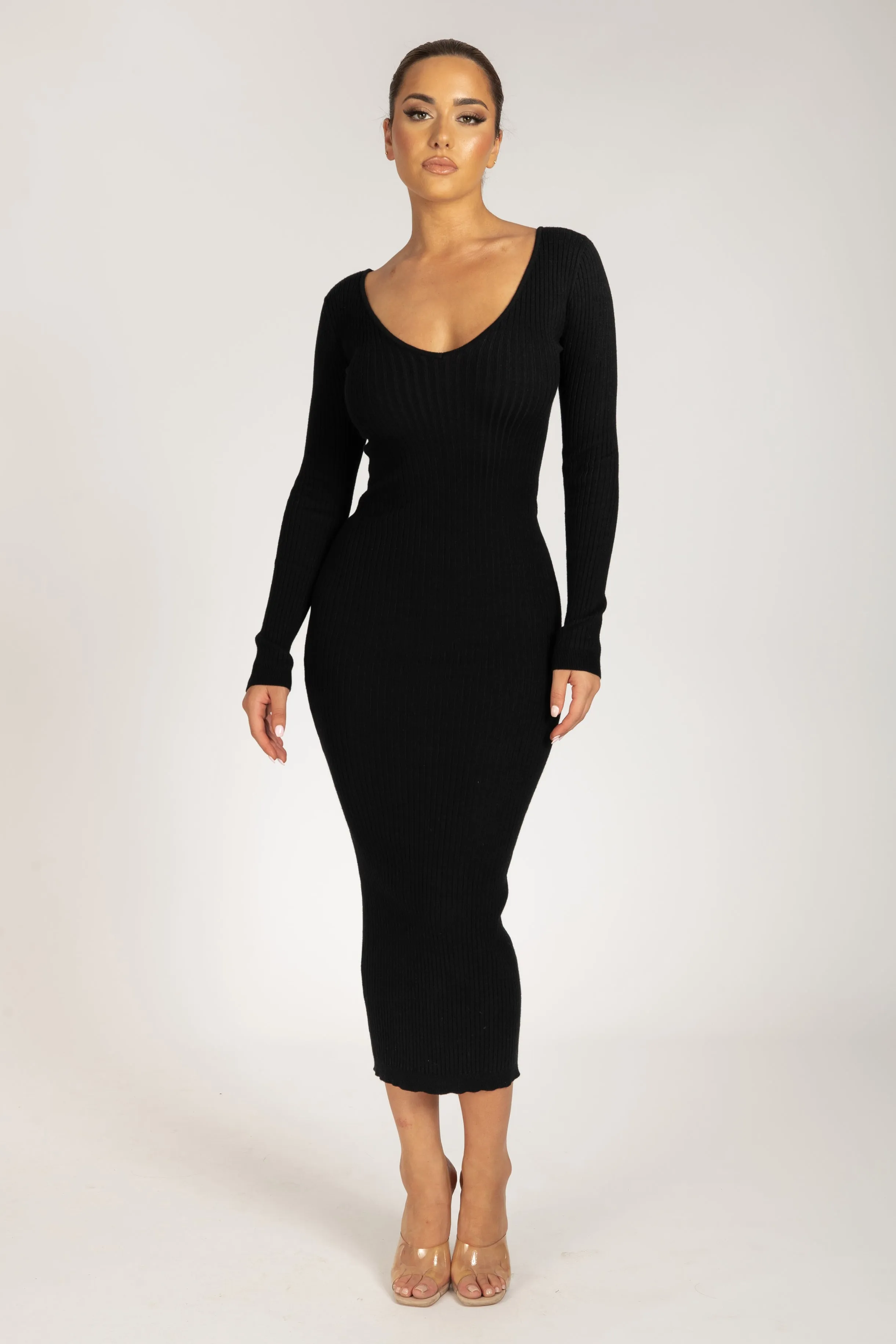 Nina Long Sleeve Knit Midi Dress - Black sold by Meshki product image thumbnail 5