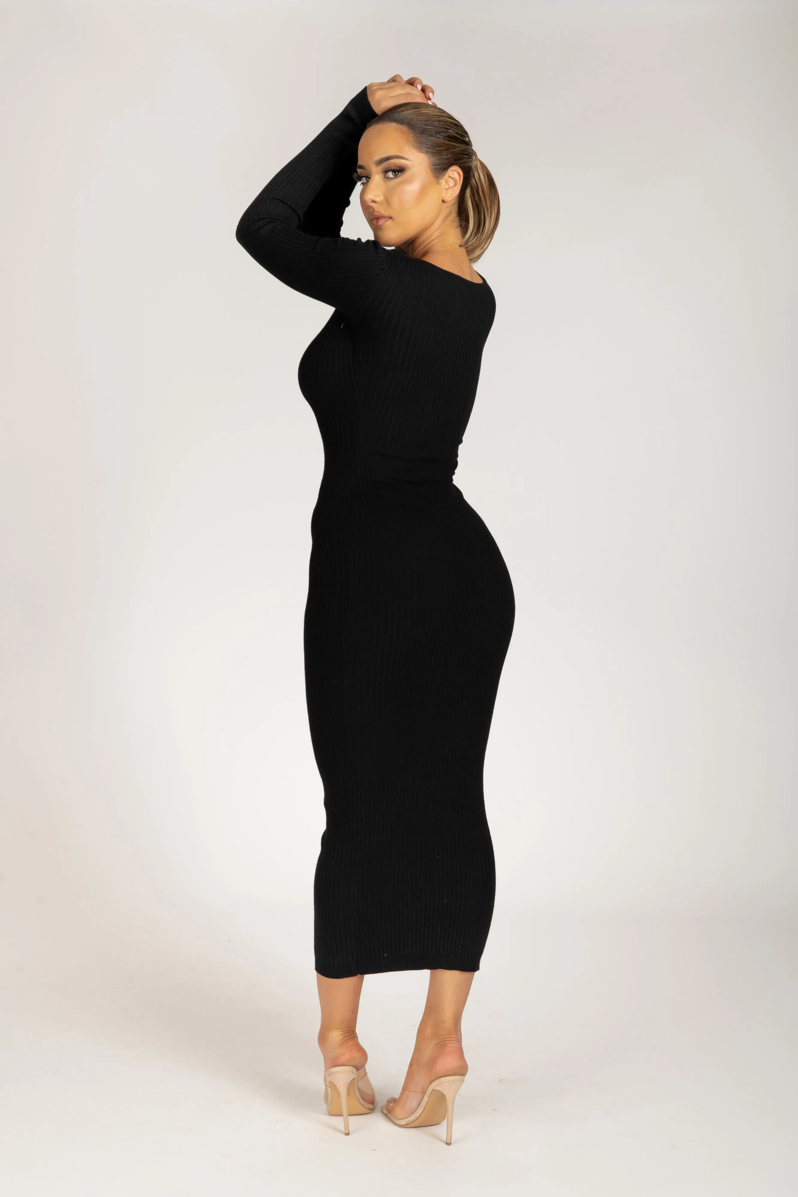 Nina Long Sleeve Knit Midi Dress - Black sold by Meshki product image thumbnail 3