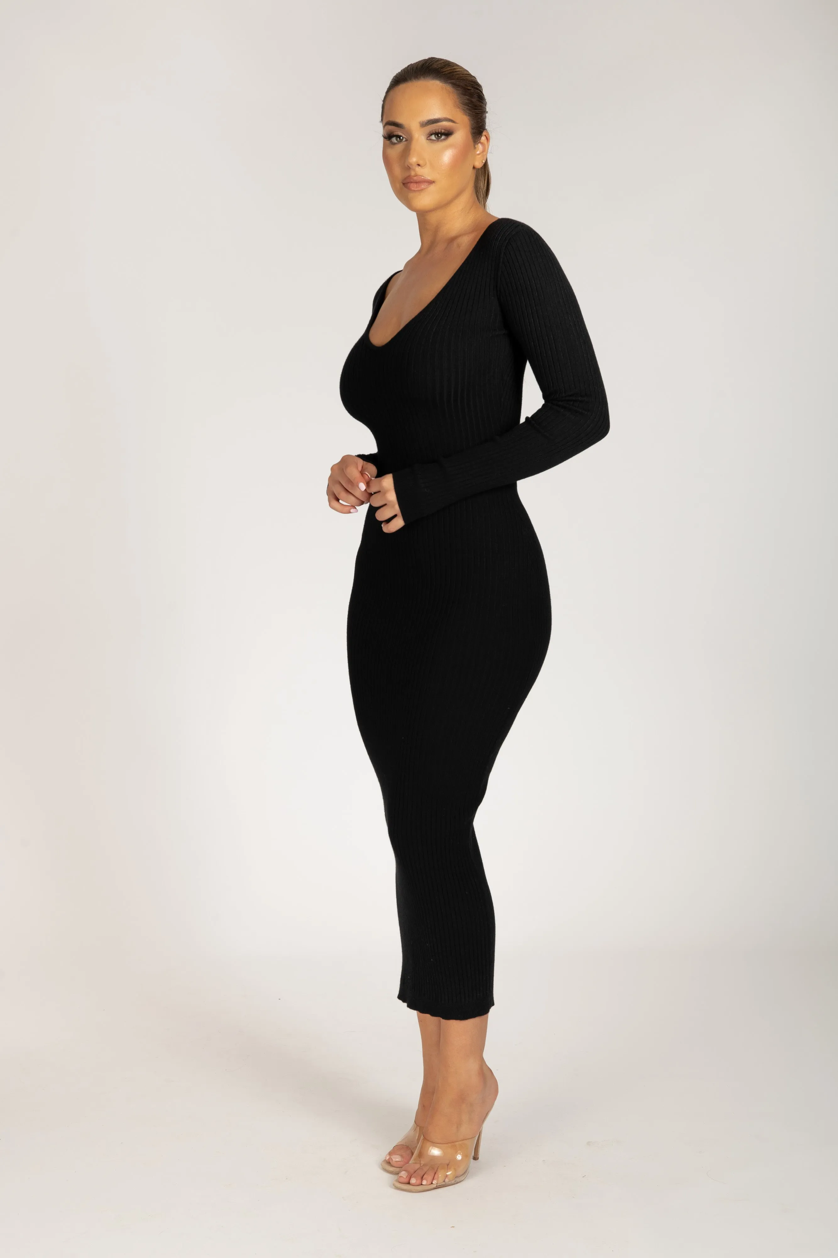 Nina Long Sleeve Knit Midi Dress - Black sold by Meshki product image thumbnail 4