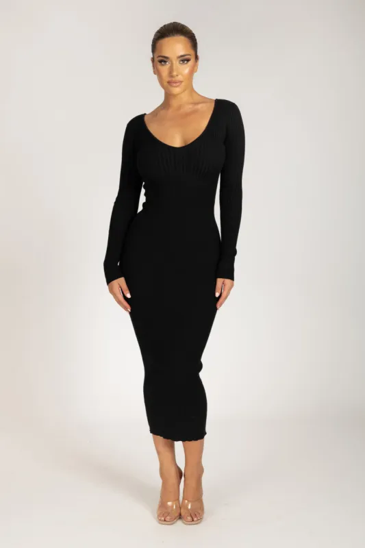 Nina Long Sleeve Knit Midi Dress - Black sold by Meshki
