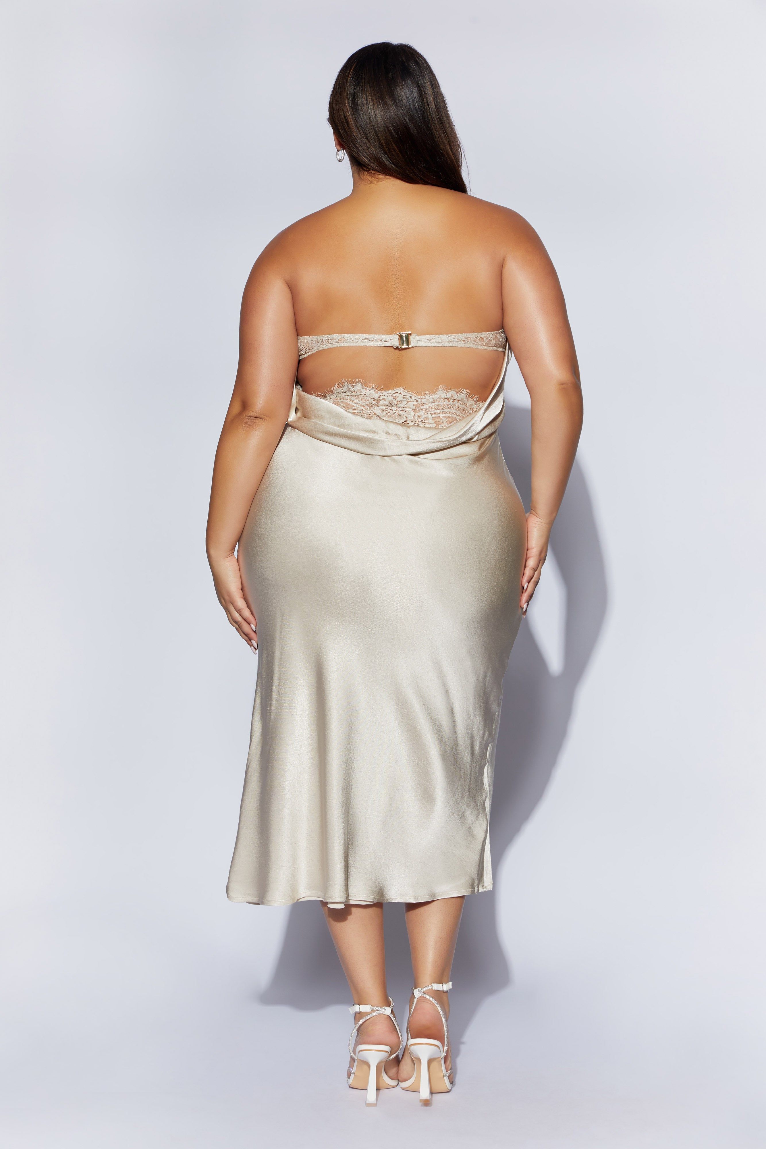 Mischa Strapless Midi Dress With Lace Detailing - Champagne sold by Meshki product image thumbnail 11