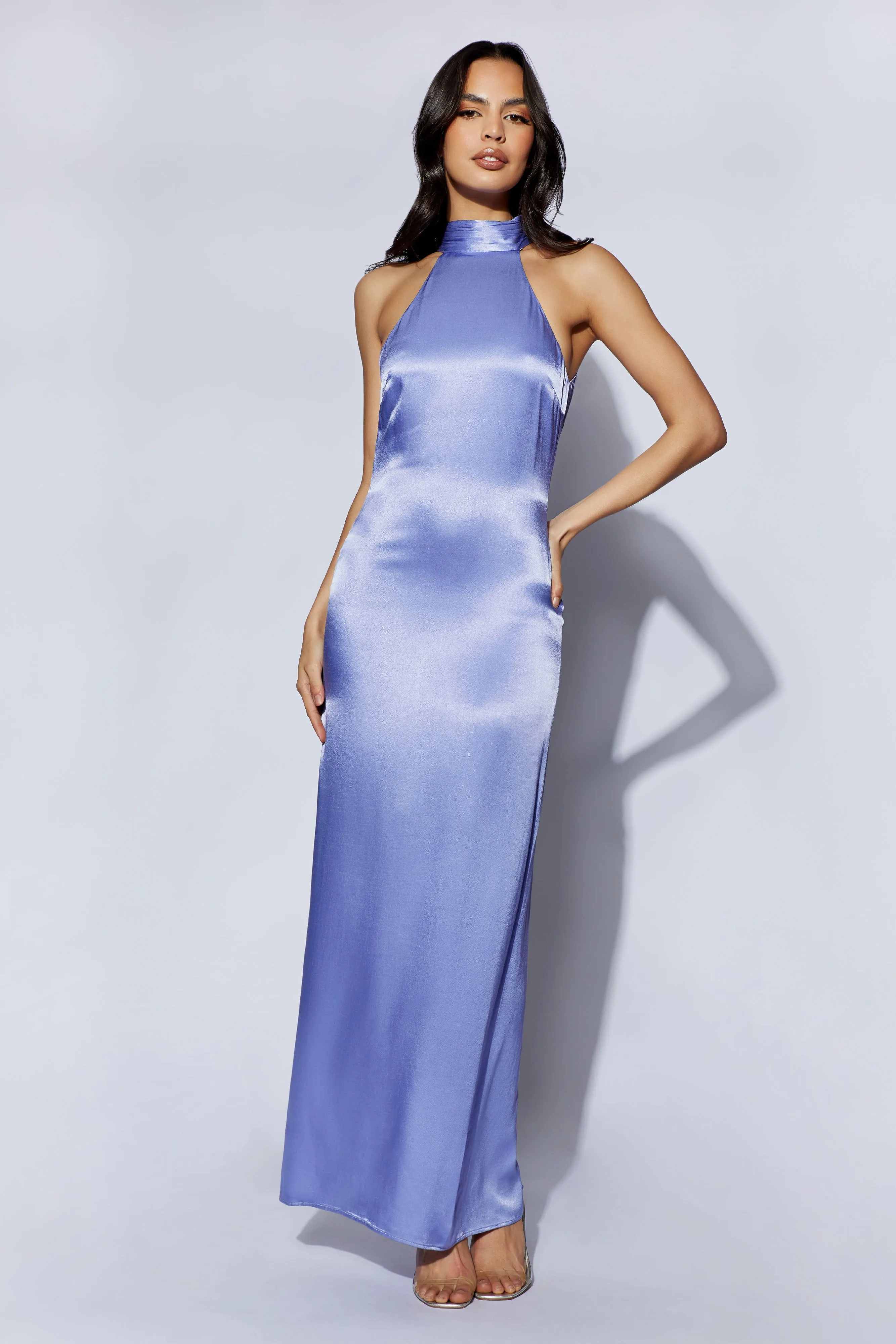 Claire Satin Drape Back Maxi Dress - Lavender sold by Meshki product image thumbnail 4