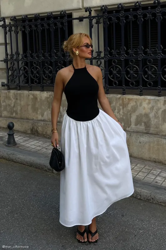 Katie Knit And Linen Midi Dress - Black/White sold by Meshki